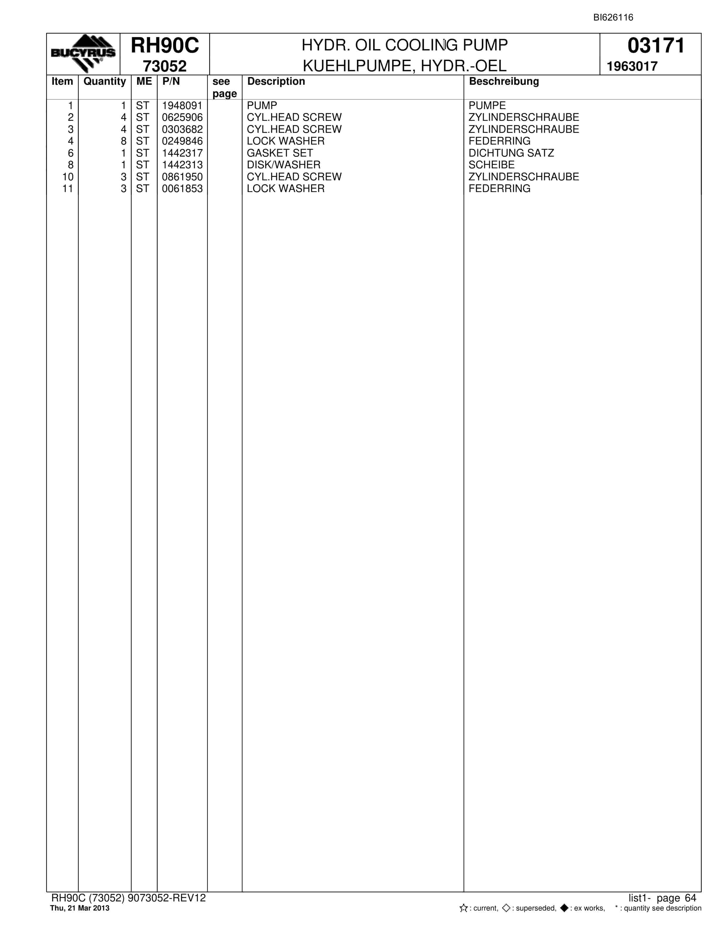 Bucyrus RH90C Hydraulic Excavator Parts Catalog BI626116-4