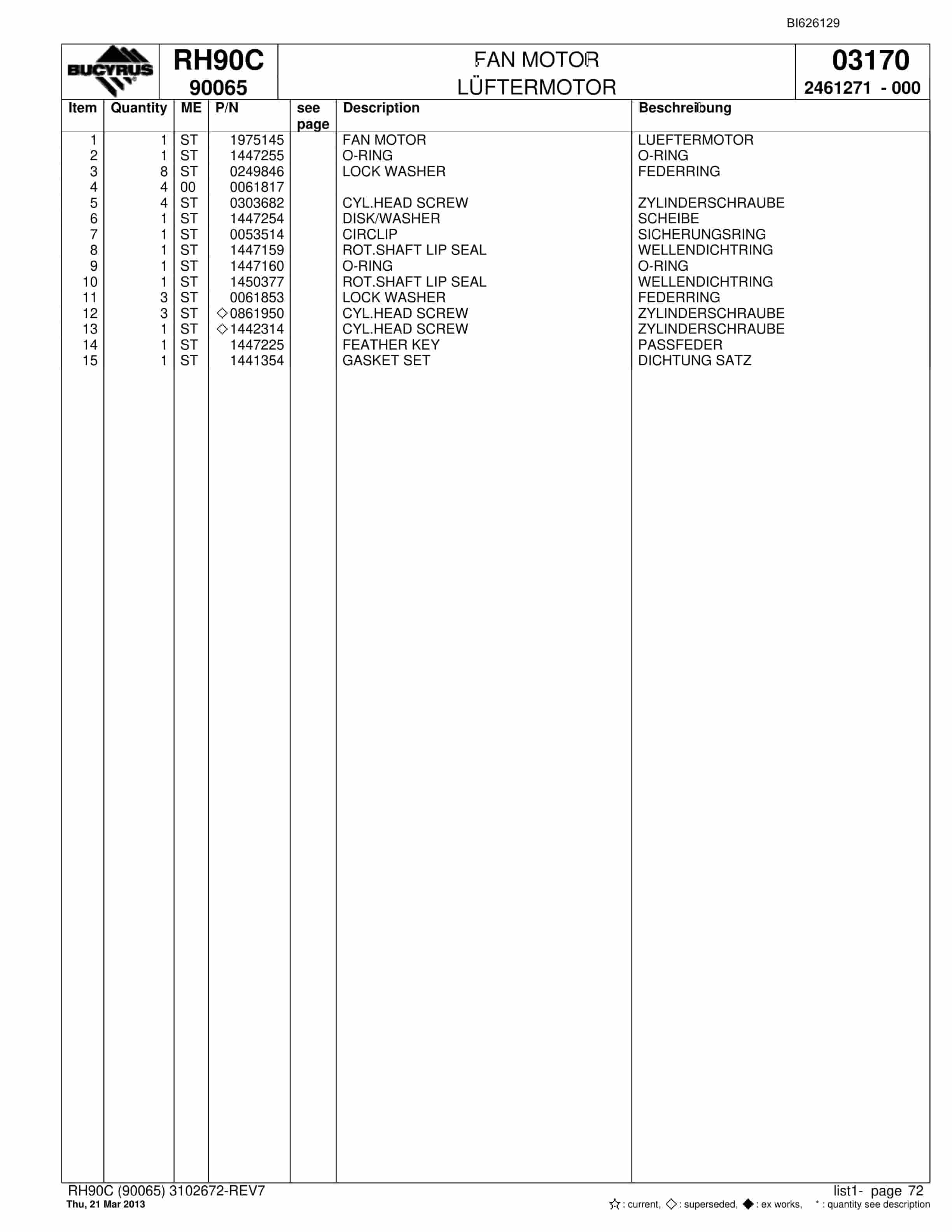 Bucyrus RH90C Hydraulic Excavator Parts Catalog BI626129-5