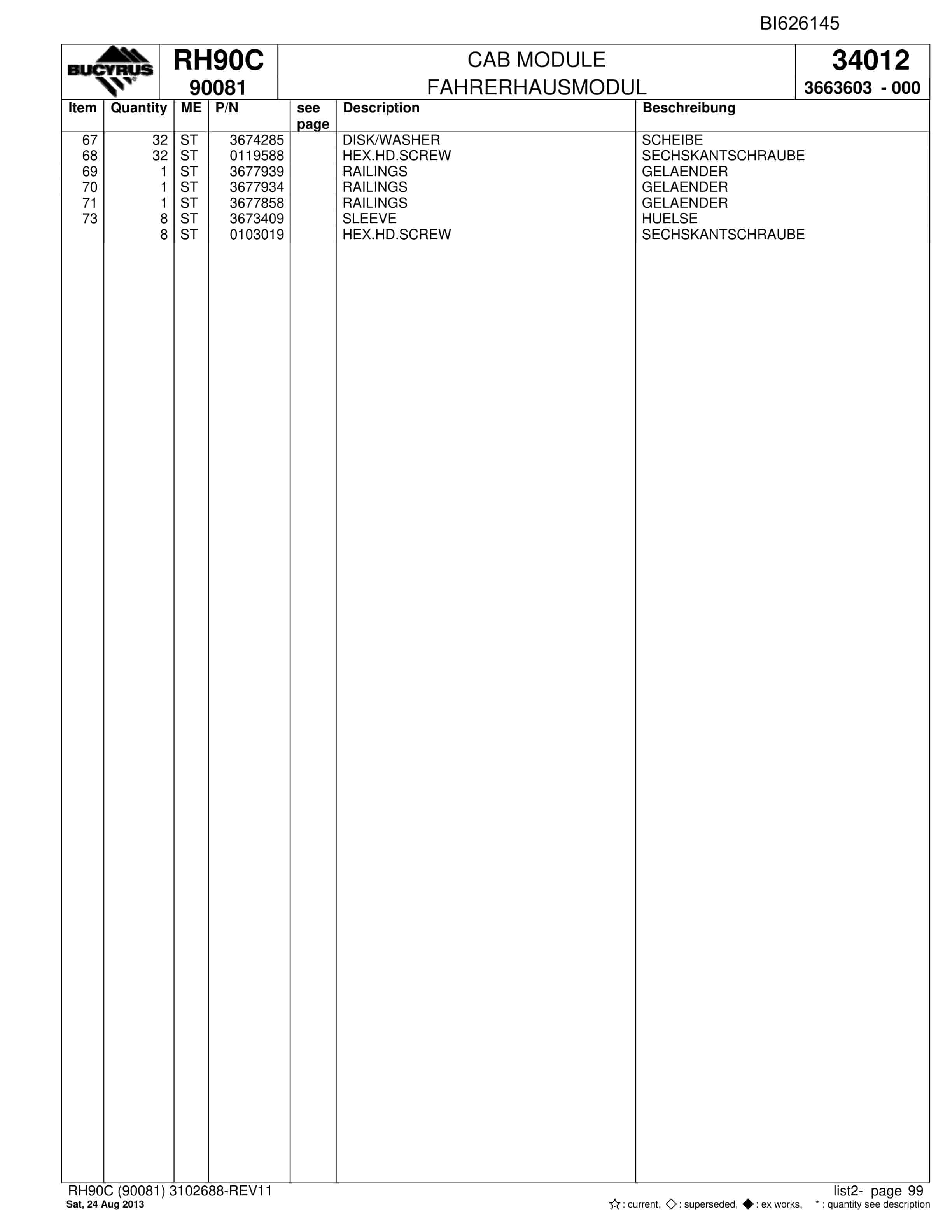 Bucyrus RH90C Hydraulic Excavator Parts Catalog BI626145-4
