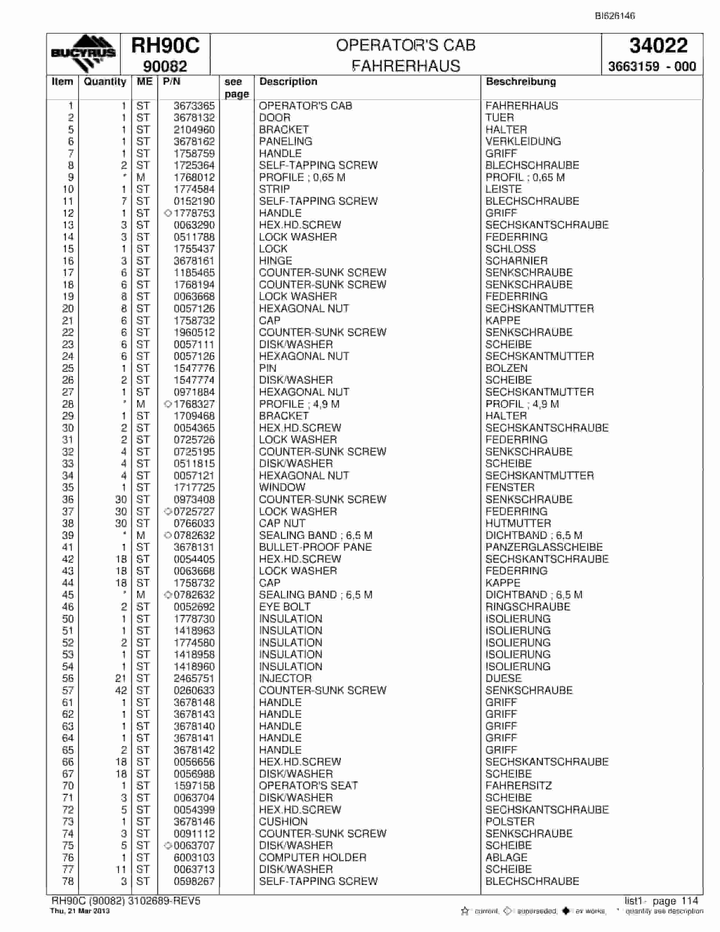 Bucyrus RH90C Hydraulic Excavator Parts Catalog BI626146-5