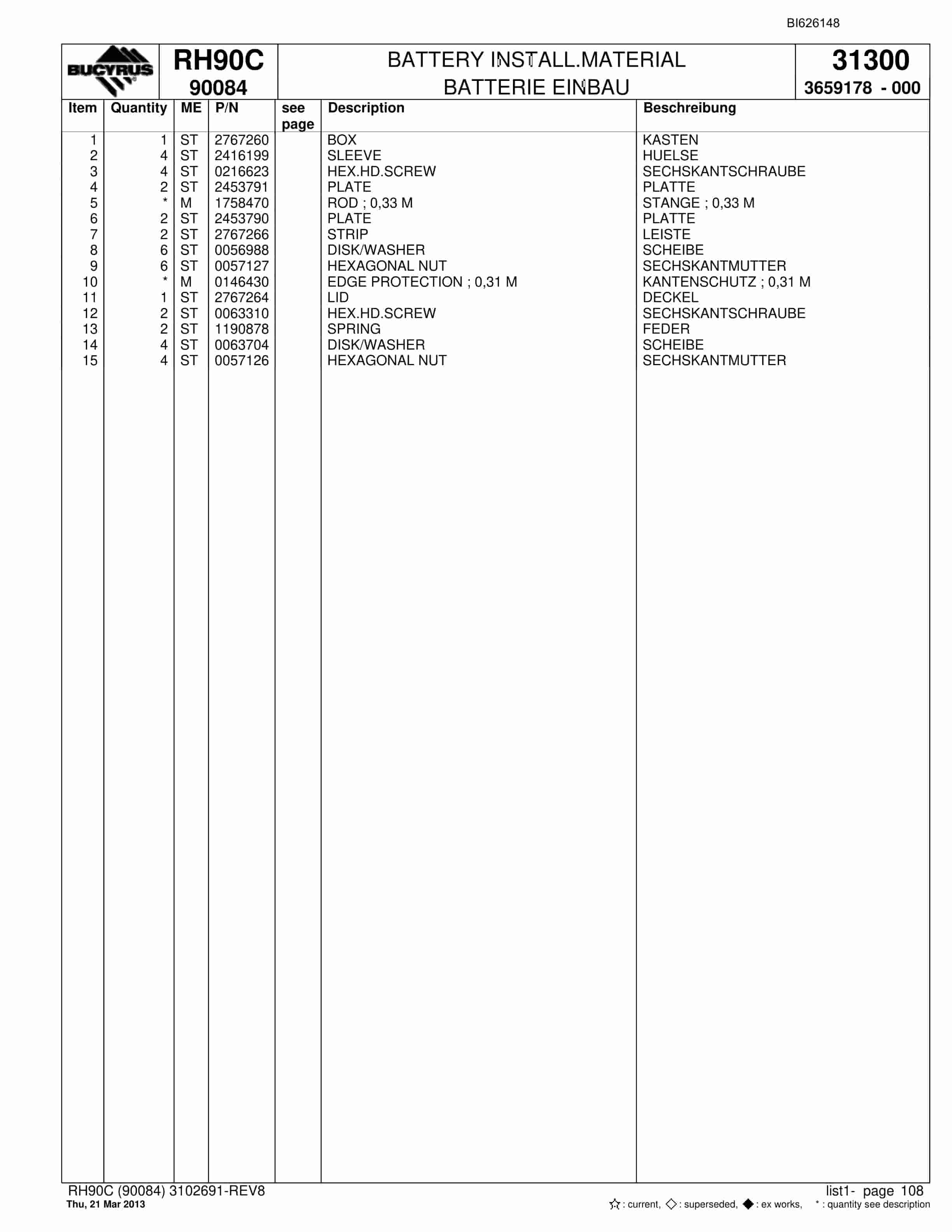 Bucyrus RH90C Hydraulic Excavator Parts Catalog BI626148-4
