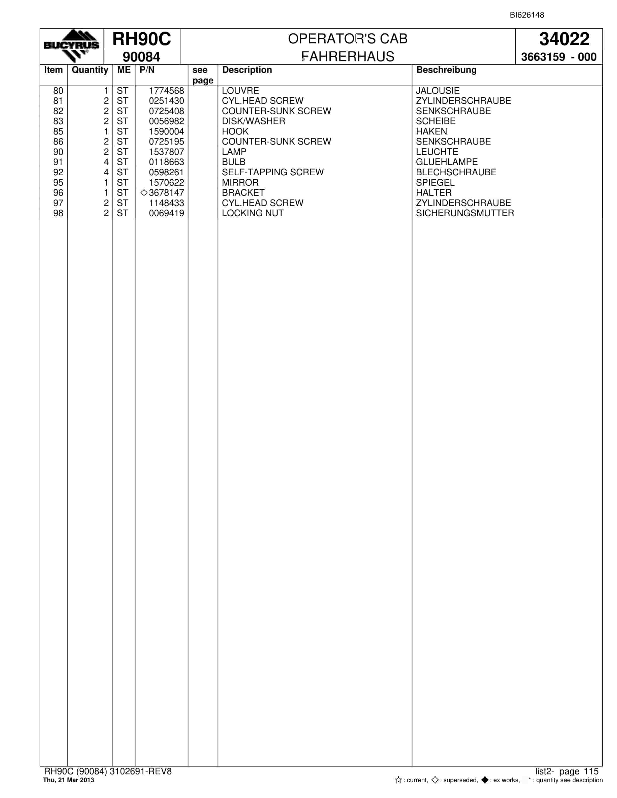 Bucyrus RH90C Hydraulic Excavator Parts Catalog BI626148-5