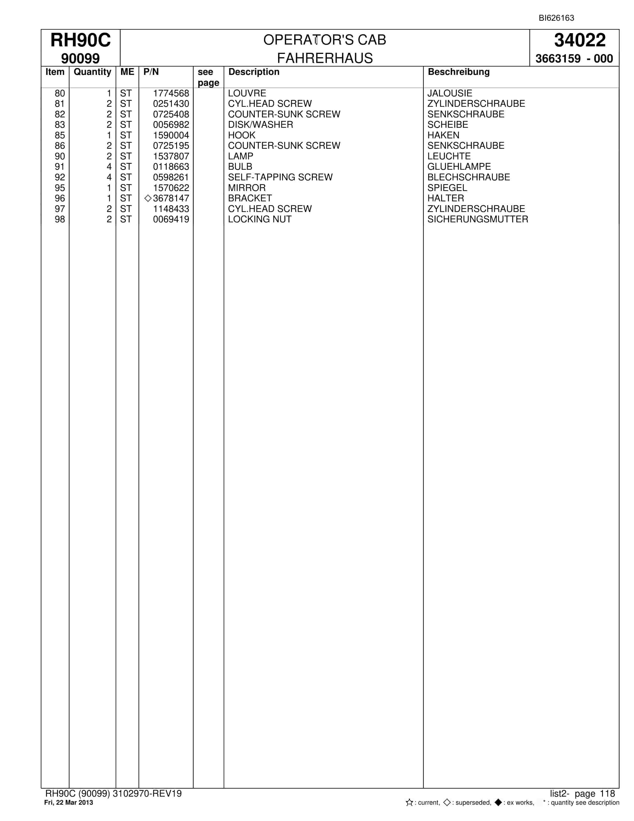 Bucyrus RH90C Hydraulic Excavator Parts Catalog BI626163-5