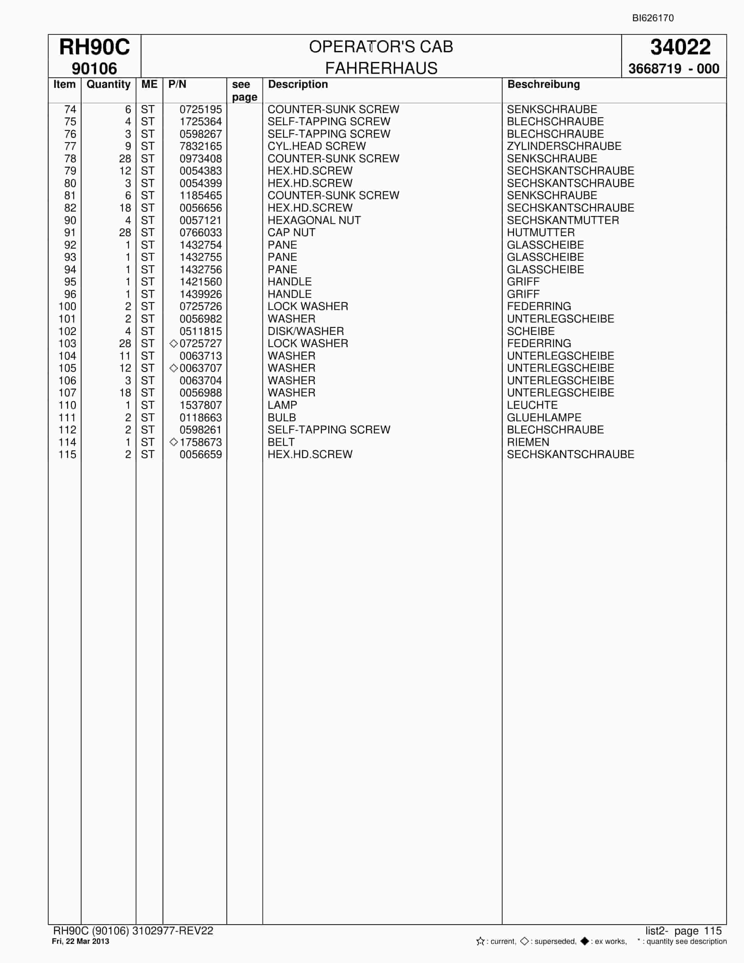 Bucyrus RH90C Hydraulic Excavator Parts Catalog BI626170-5