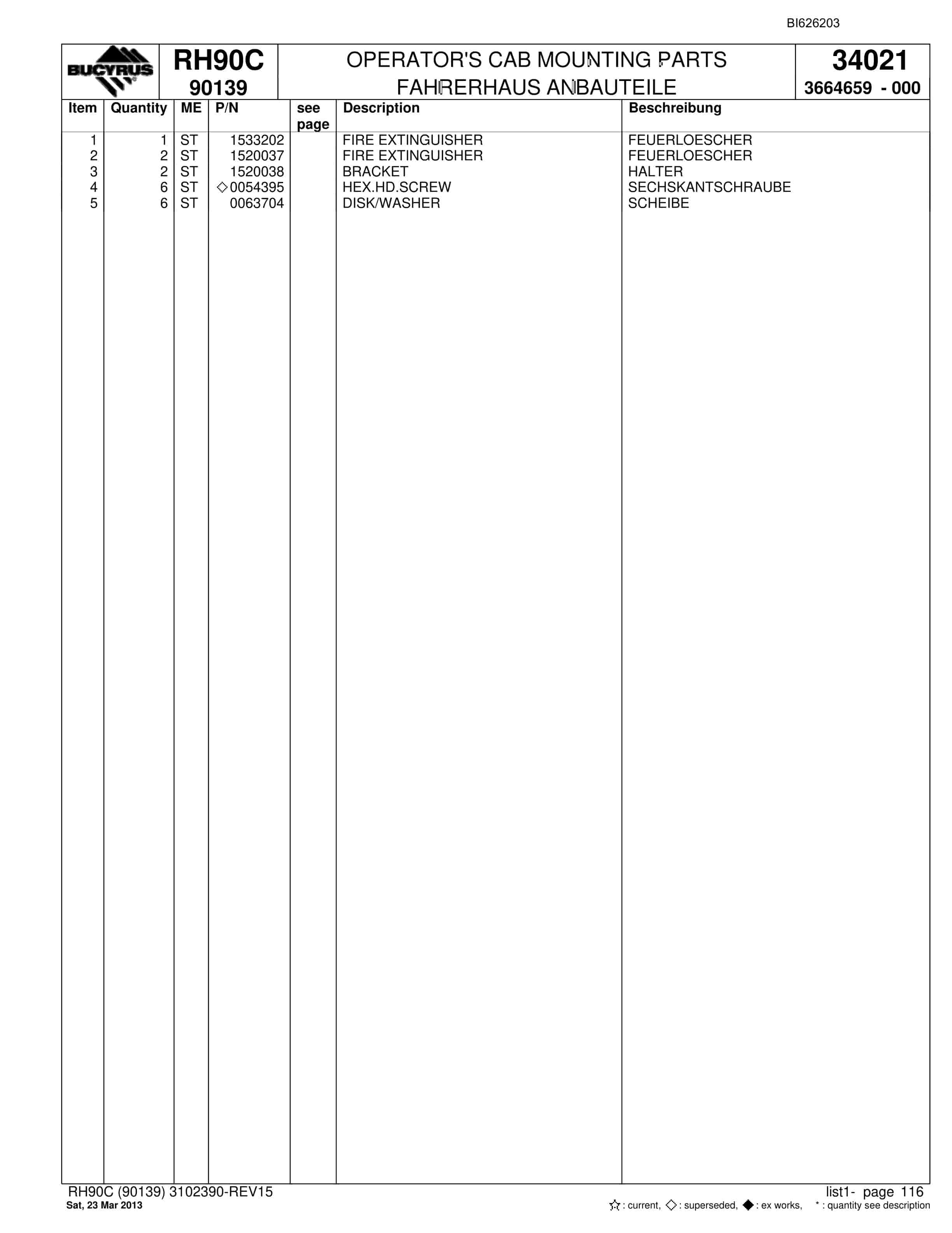 Bucyrus RH90C Hydraulic Excavator Parts Catalog BI626203-5
