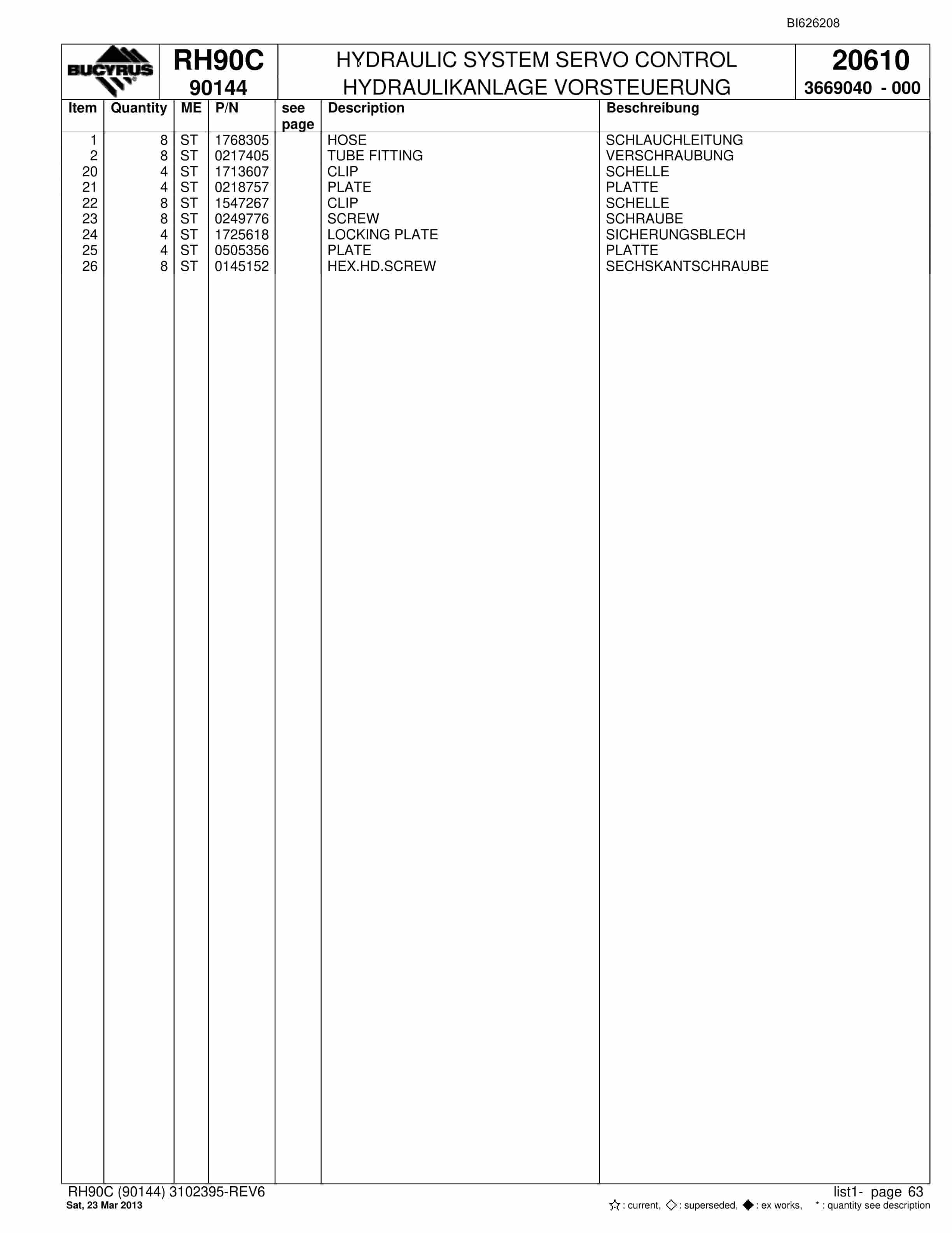 Bucyrus RH90C Hydraulic Excavator Parts Catalog BI626208-2