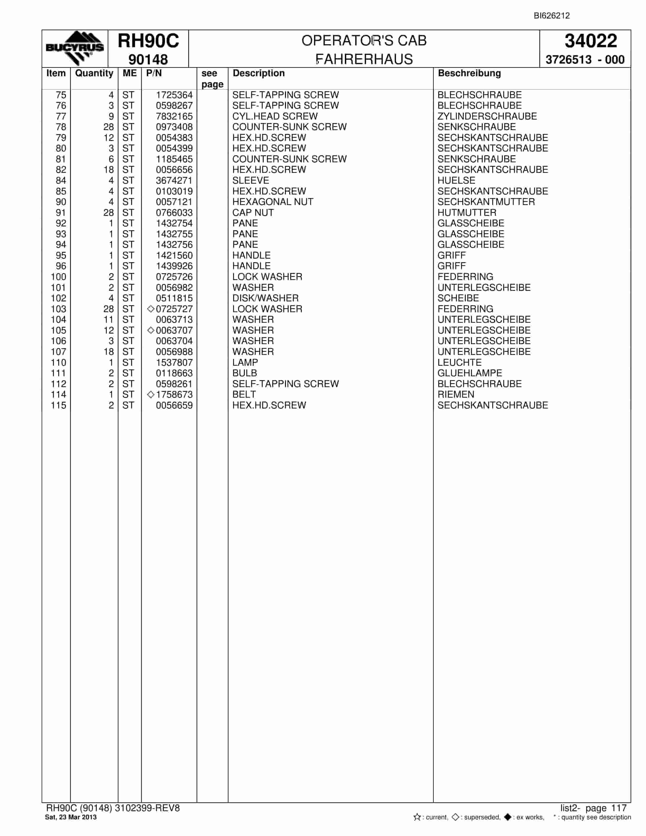 Bucyrus RH90C Hydraulic Excavator Parts Catalog BI626212-5