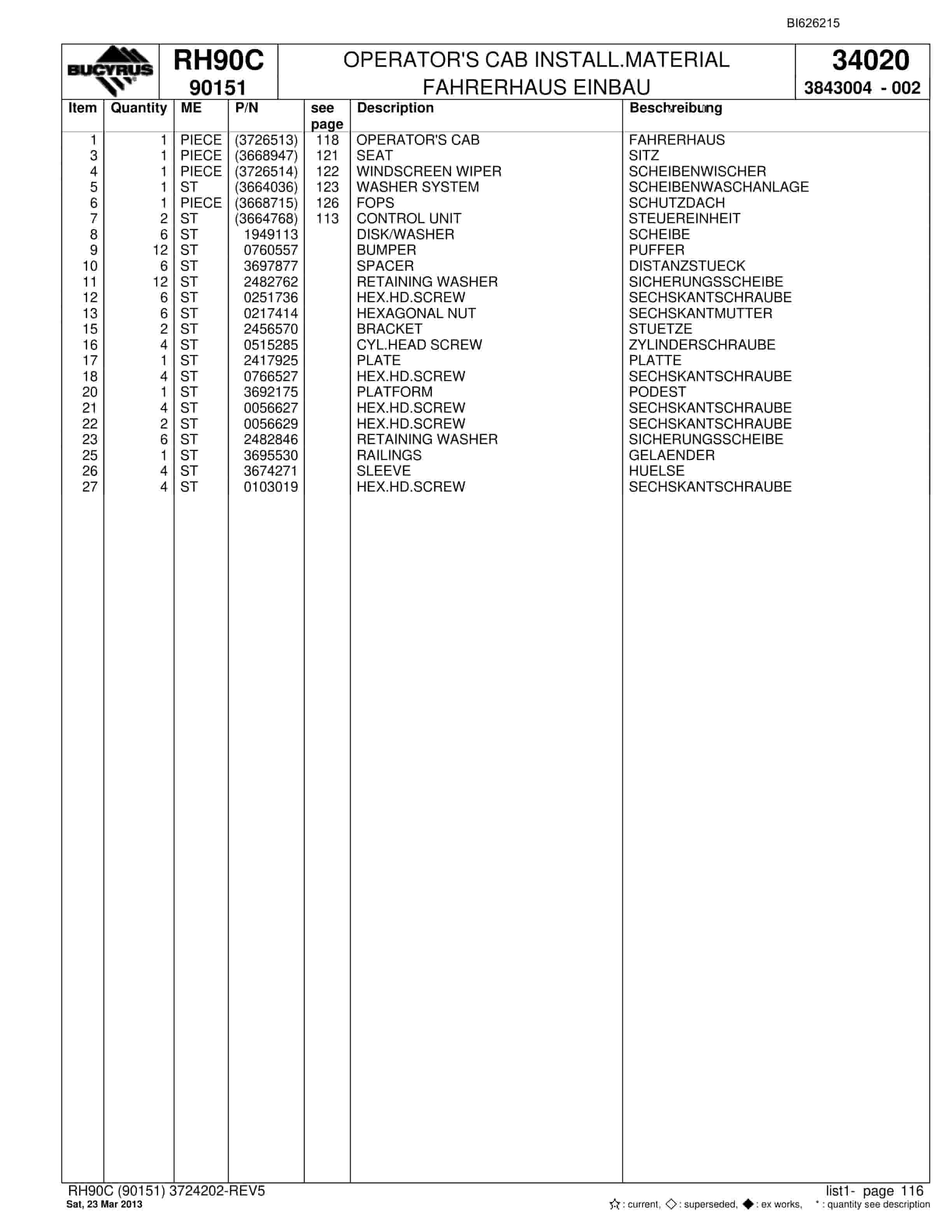 Bucyrus RH90C Hydraulic Excavator Parts Catalog BI626215-5