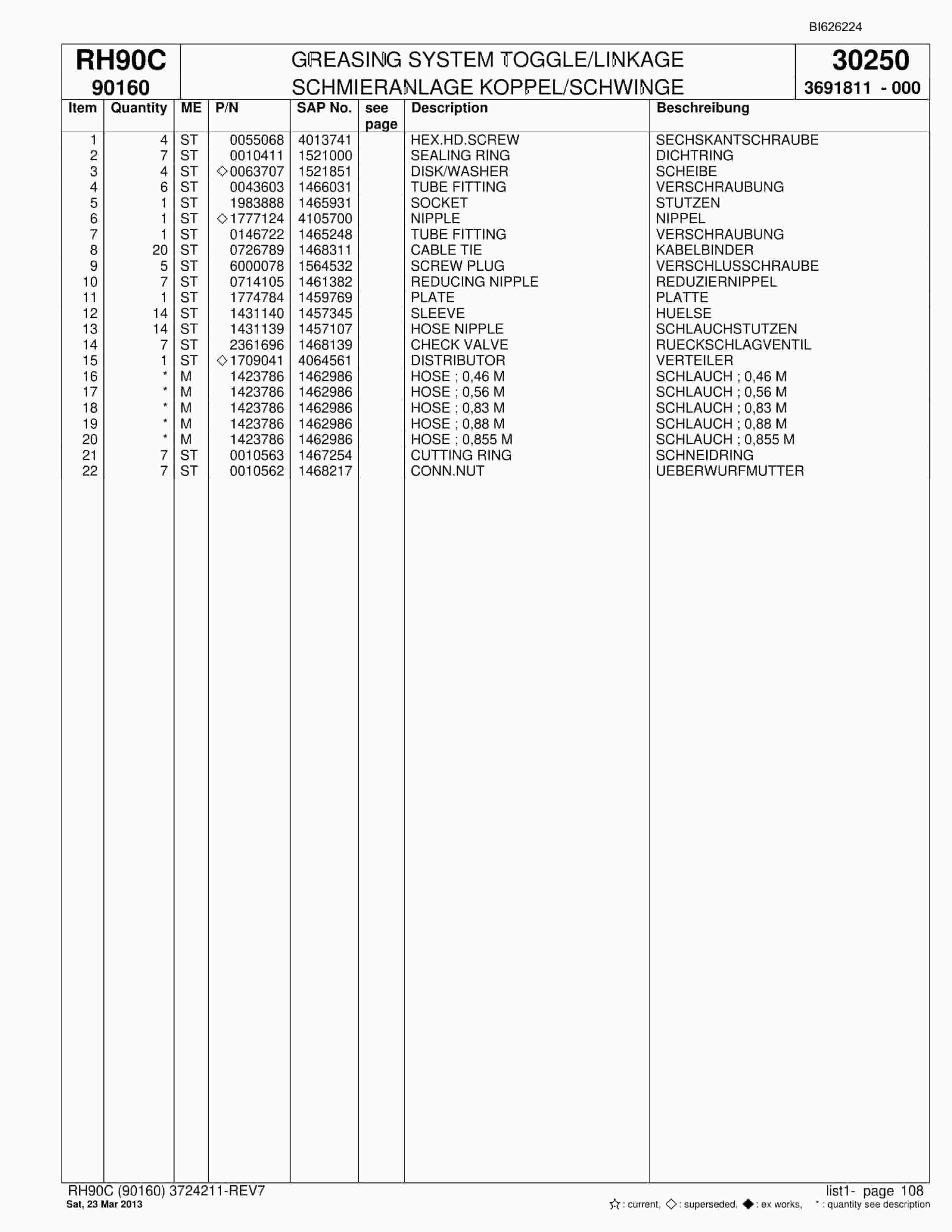 Bucyrus RH90C Hydraulic Excavator Parts Catalog BI626224-4