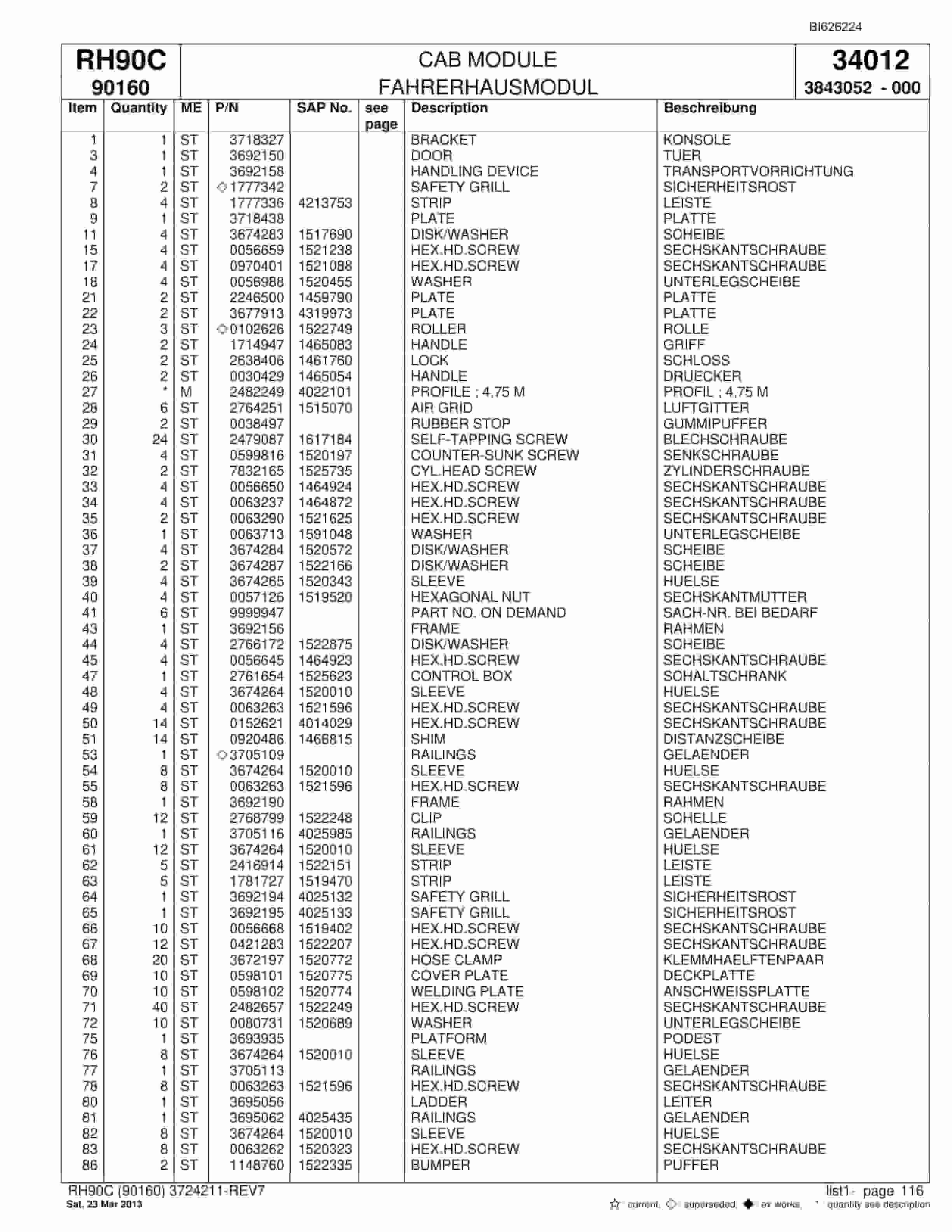Bucyrus RH90C Hydraulic Excavator Parts Catalog BI626224-5