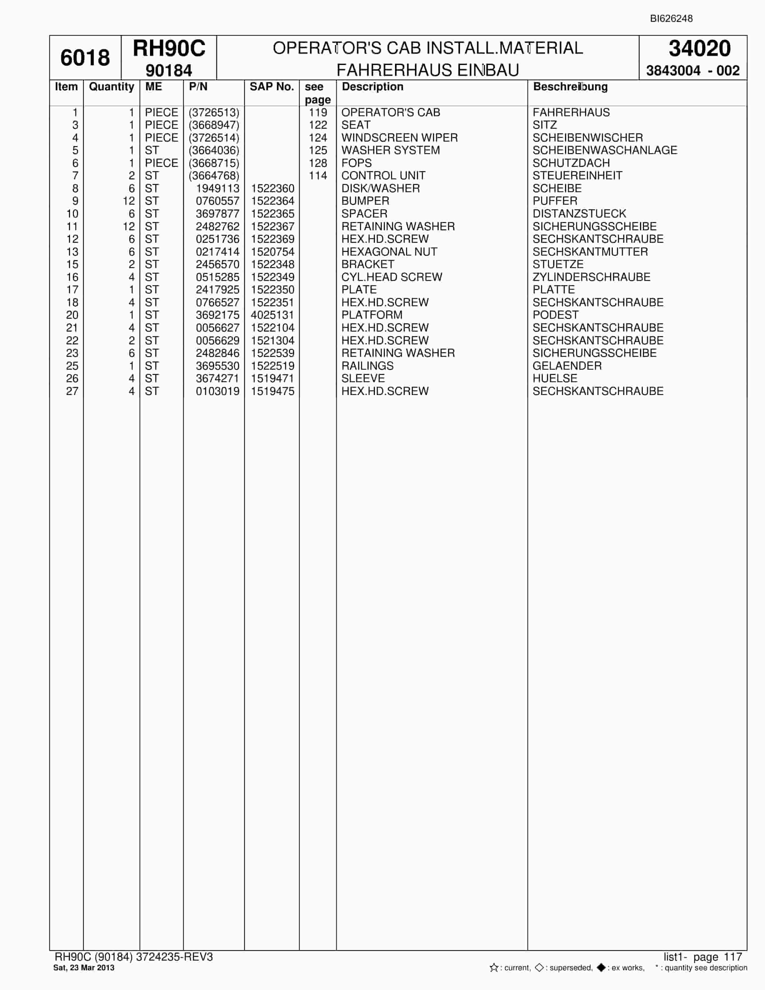 Bucyrus RH90C Hydraulic Excavator Parts Catalog BI626248-5