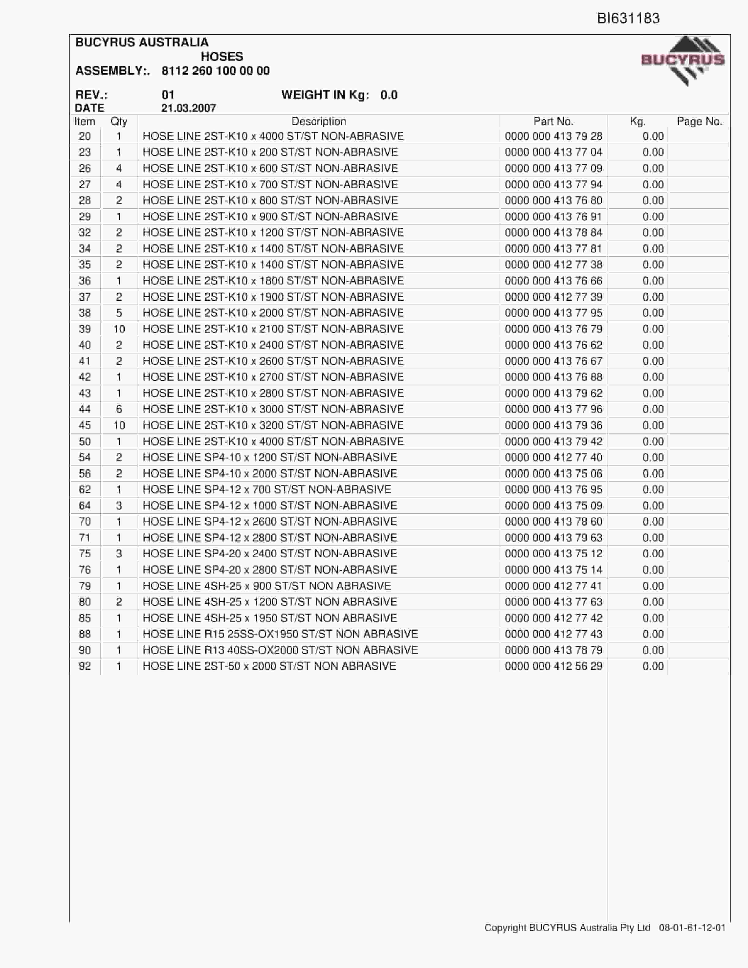 Bucyrus Roof Support Broadmeadow - Face Extension 2007 Parts Catalog BI631183-4