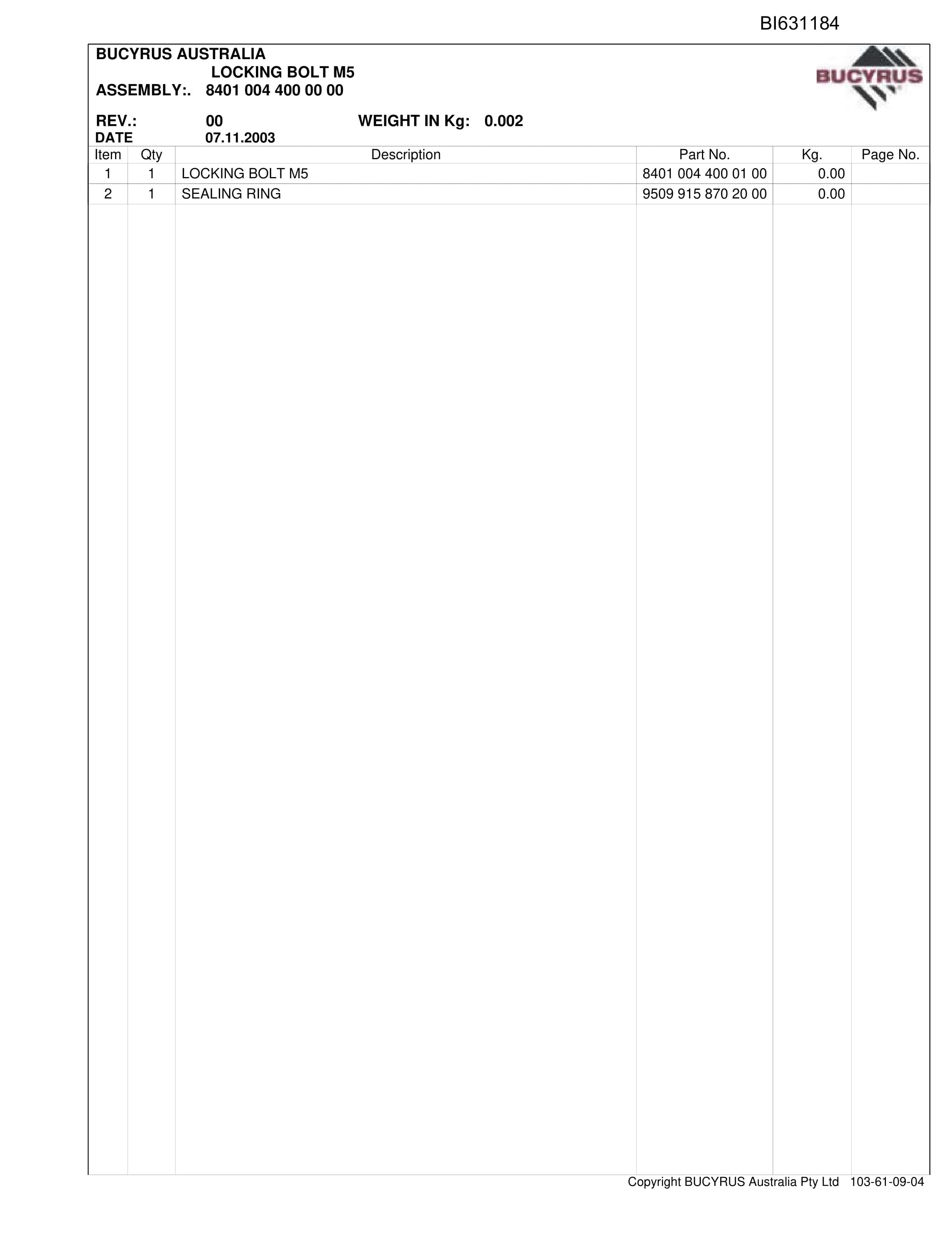 Bucyrus Roof Support Broadmeadow - Original Equipment Parts Catalog BI631184-2