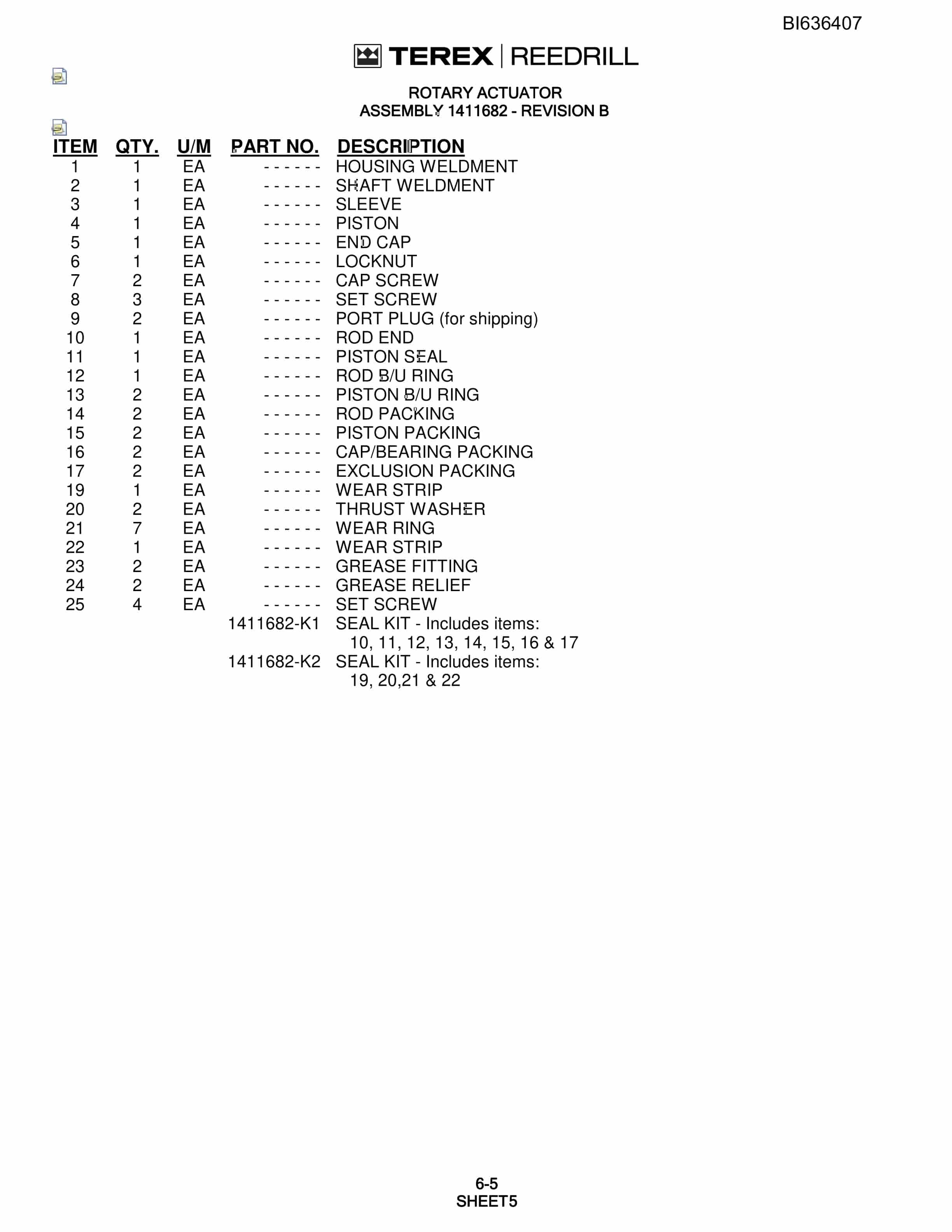 Bucyrus S042177 Parts Catalog BI636407-5