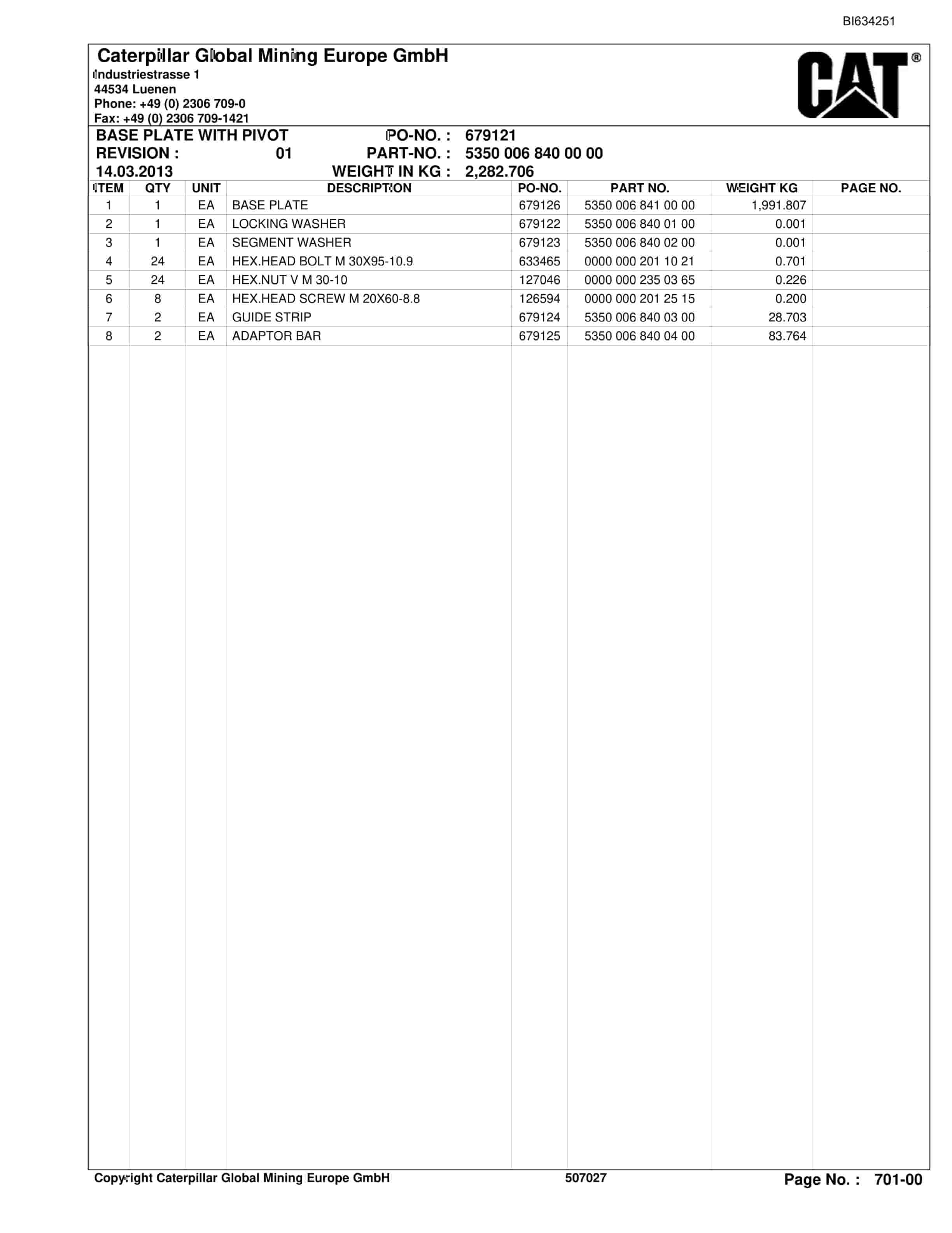 Bucyrus SBSL PF 6-1542 CA.52 M LG Parts Catalog BI634251-4