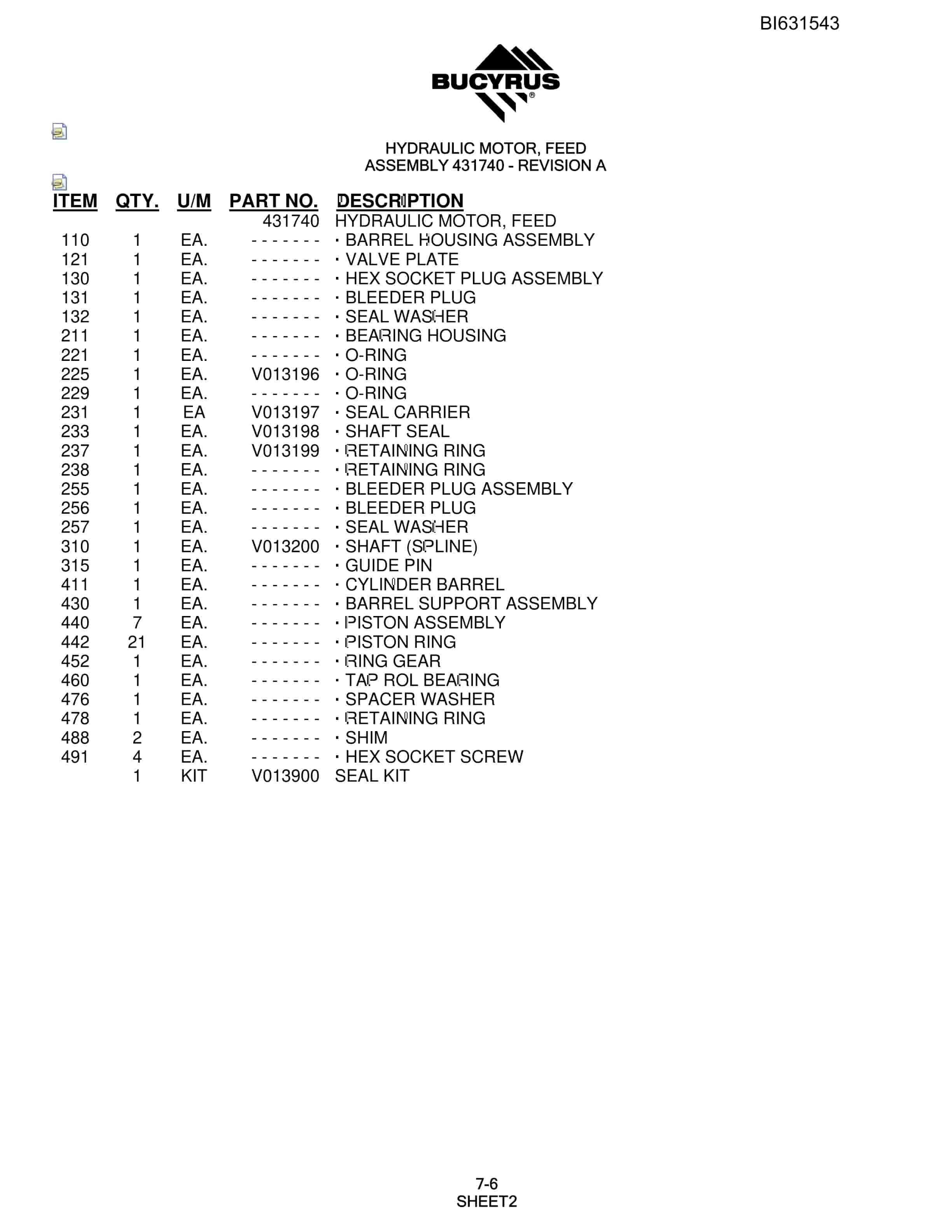 Bucyrus SCH5000 Hydraulic Track Drill Parts Manual BI631543-2