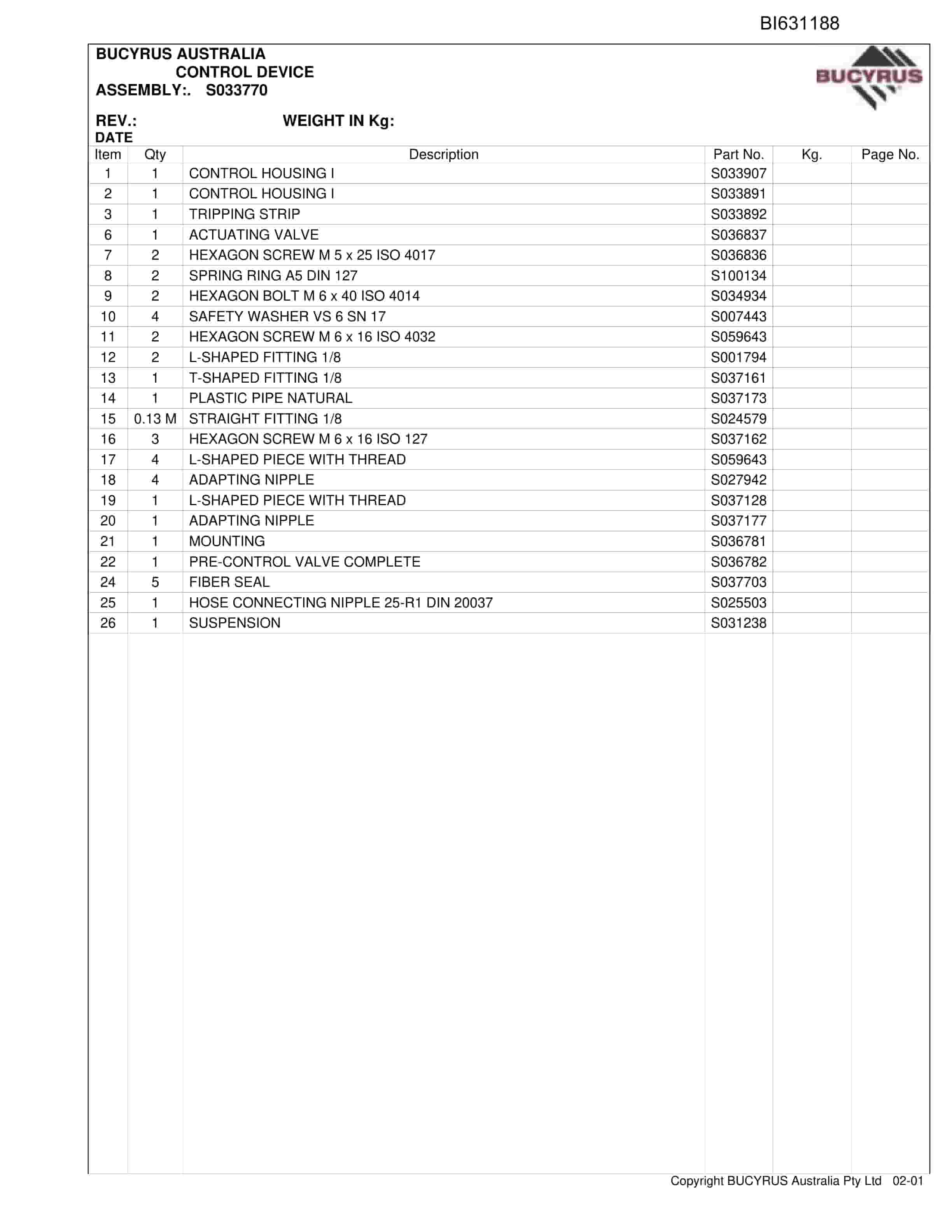Bucyrus Scharf Shunting Trolley Parts Catalog BI631188-2