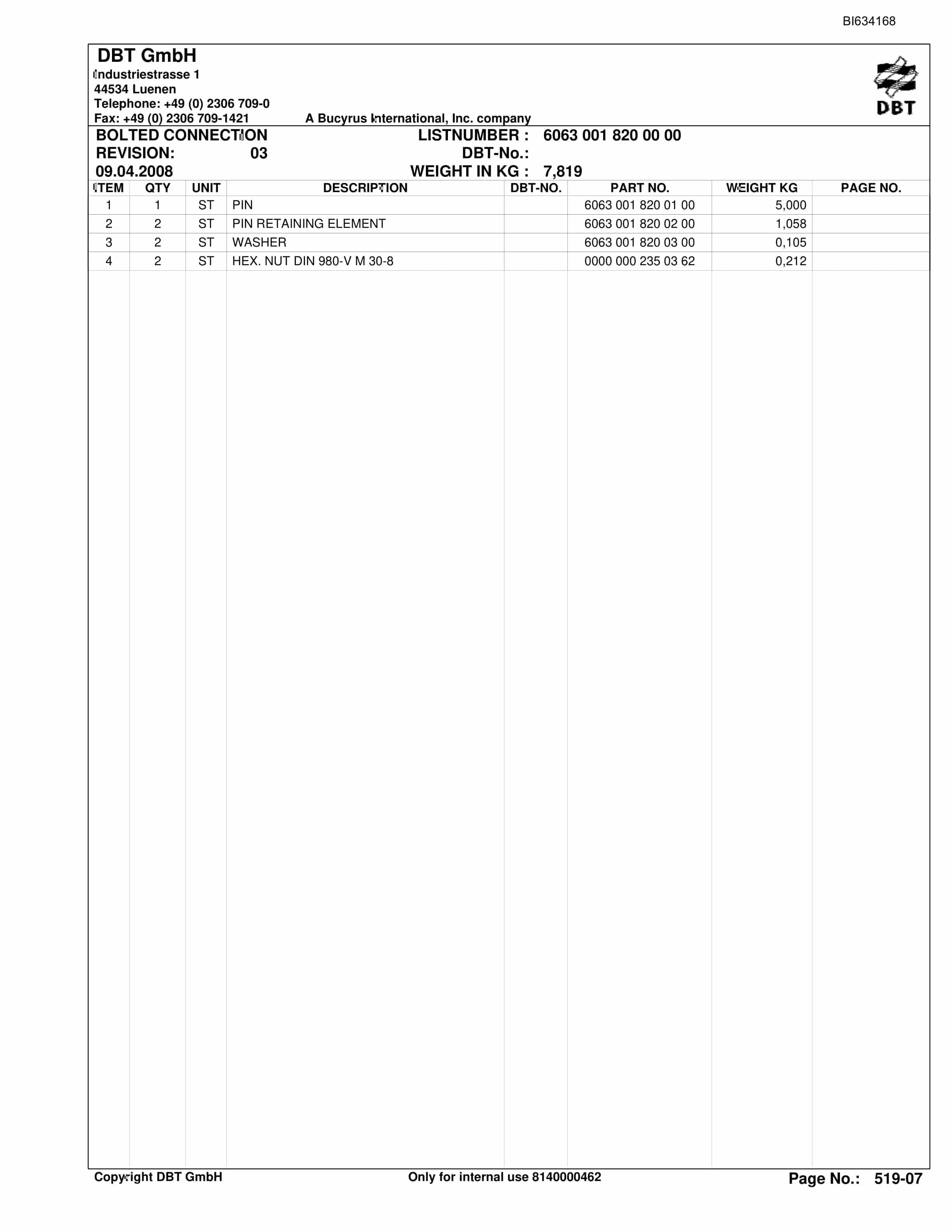 Bucyrus SHANXI LILIU Documentation Parts Catalog BI634168-5