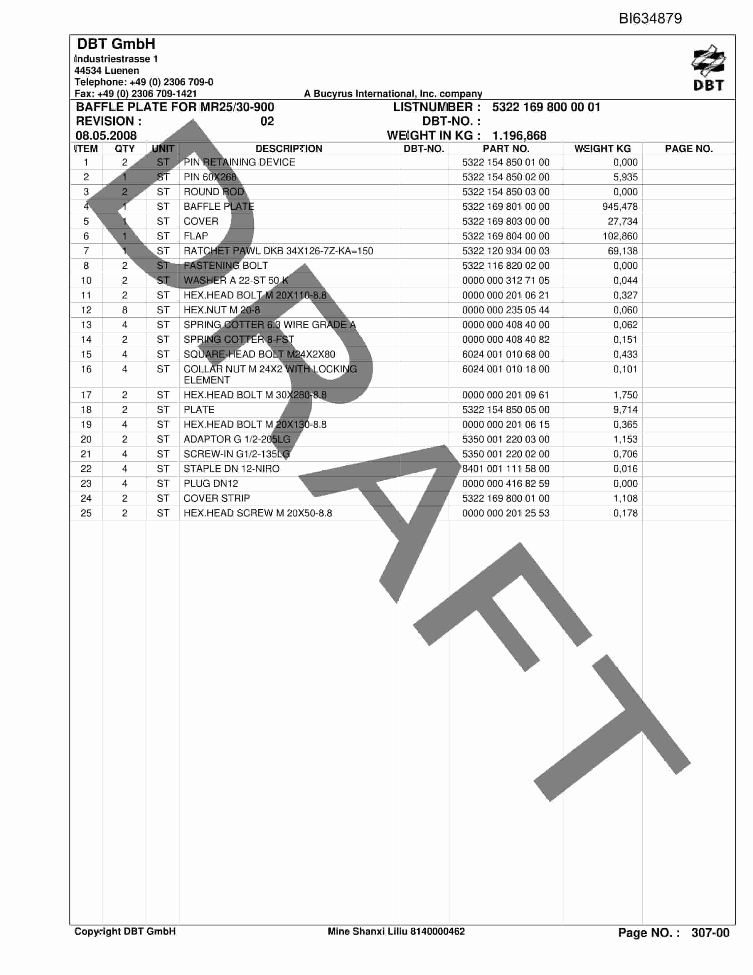 Bucyrus SHANXI LILIU Documentation Parts Catalog BI634879-2