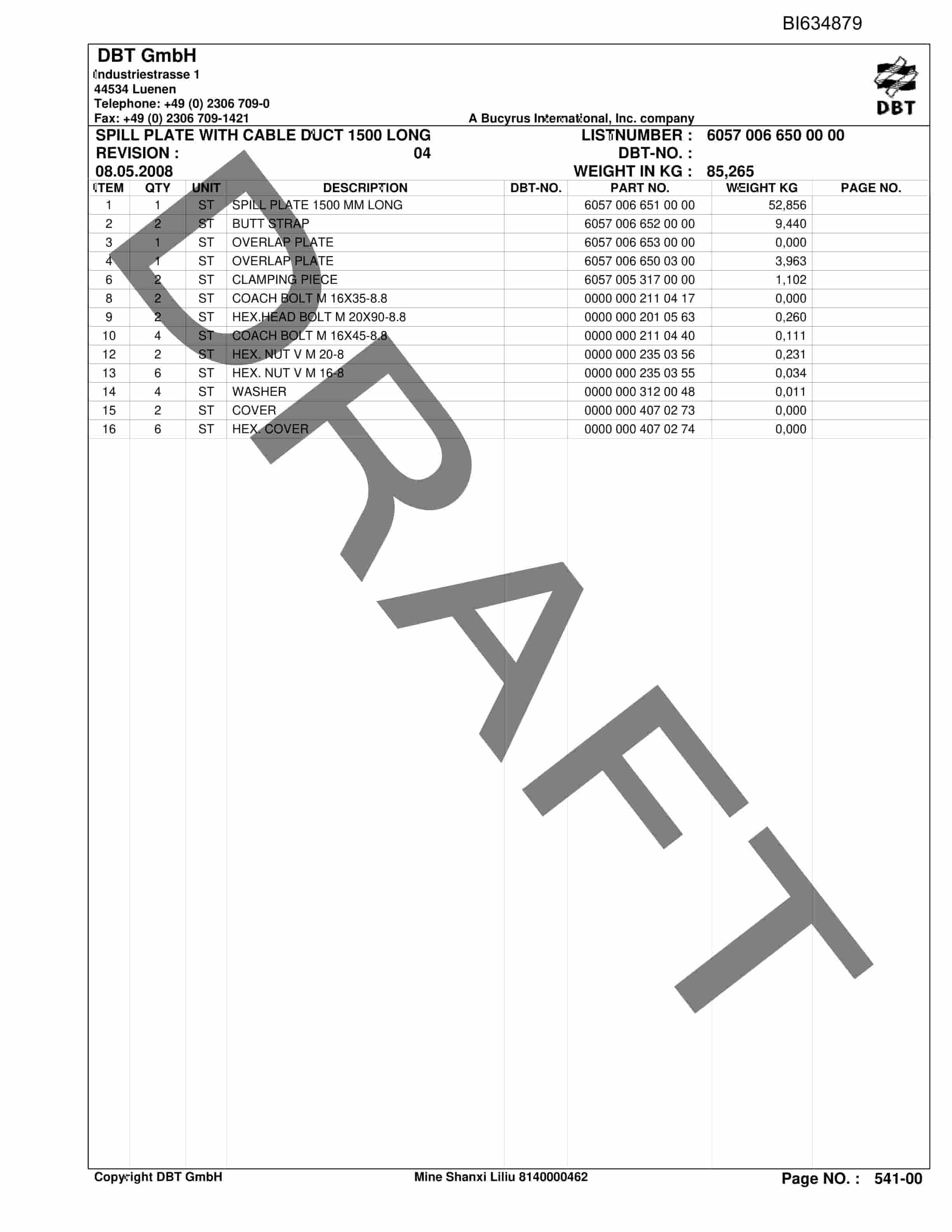 Bucyrus SHANXI LILIU Documentation Parts Catalog BI634879-4
