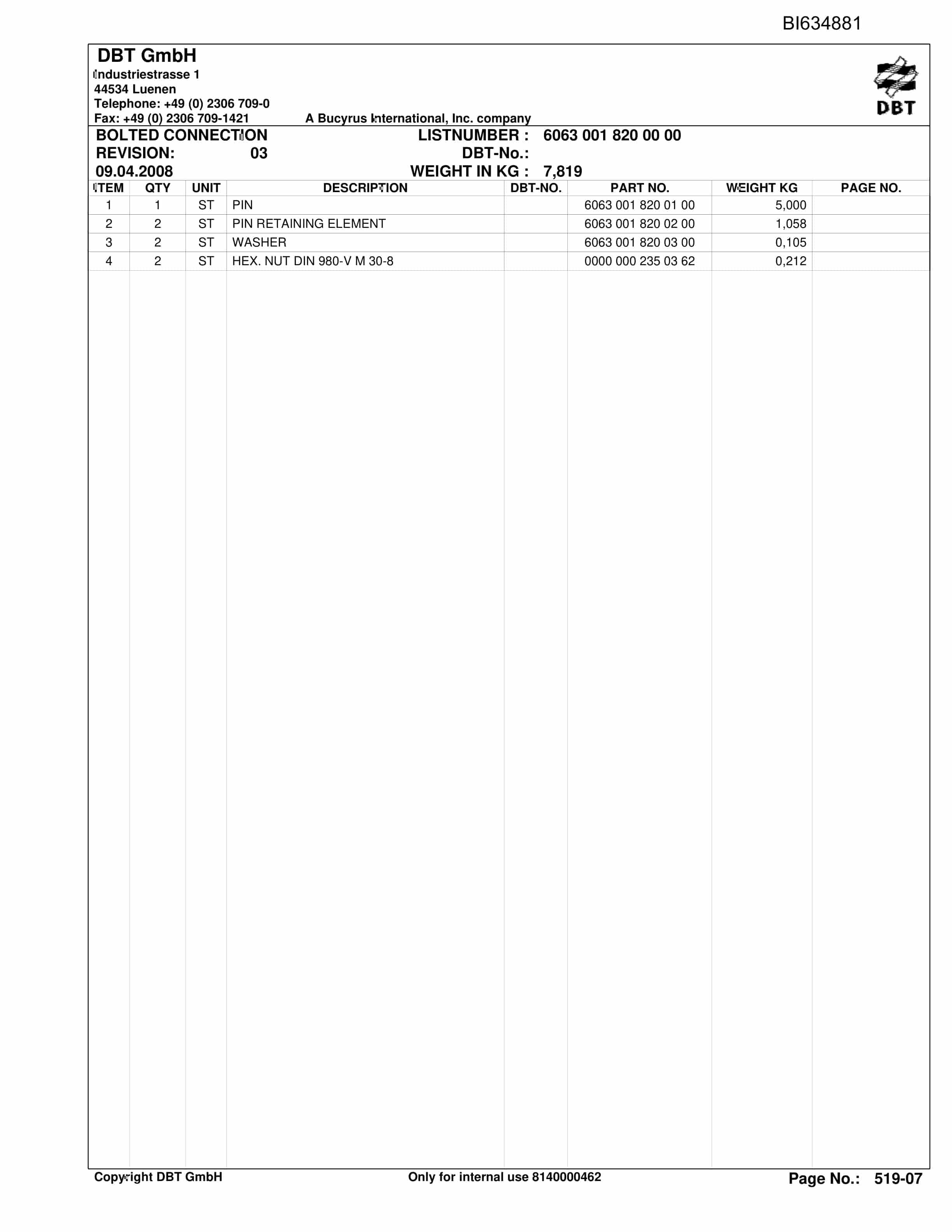 Bucyrus SHANXI LILIU Documentation Parts Catalog BI634881-5