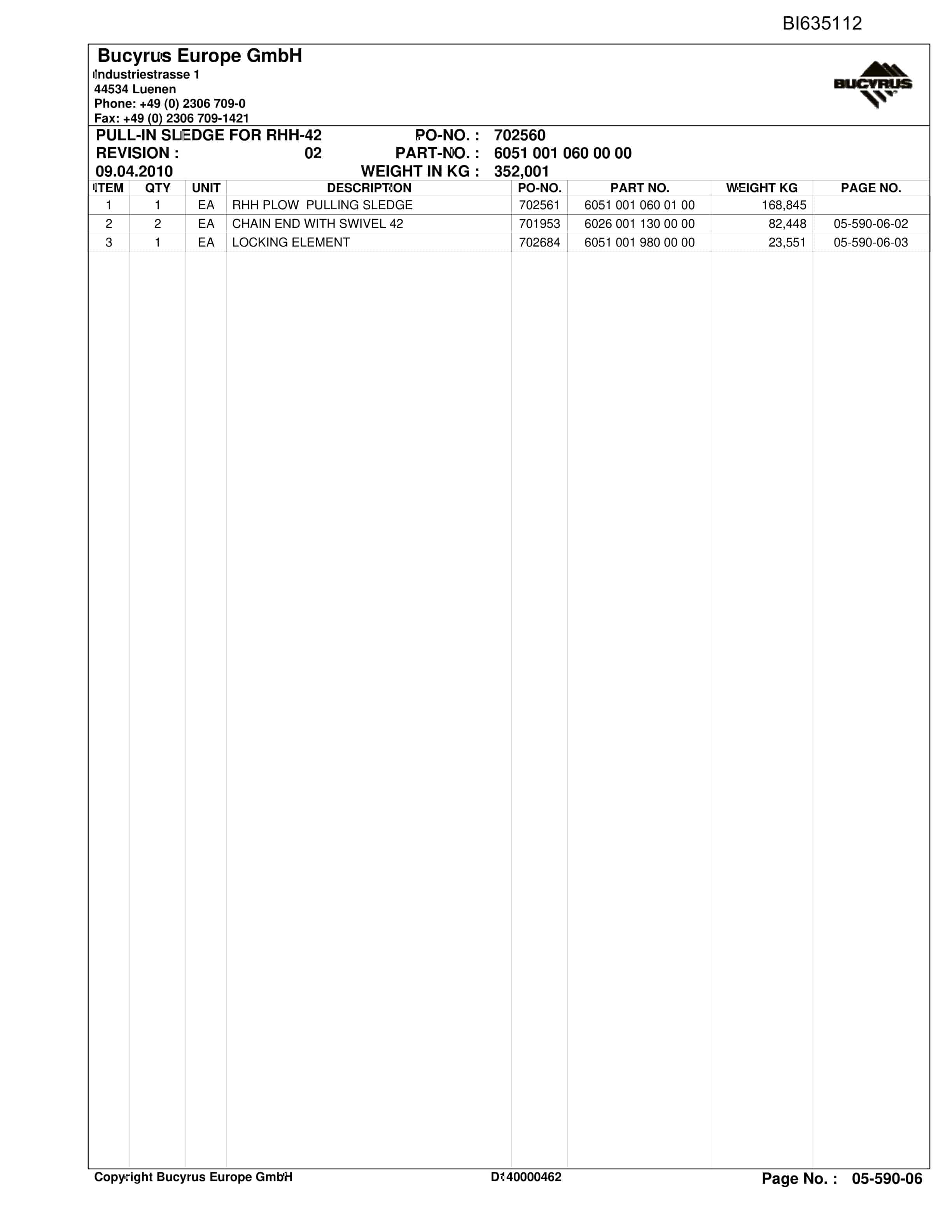 Bucyrus SHANXI LILIU RHH Plow System Parts Catalog BI635112-4
