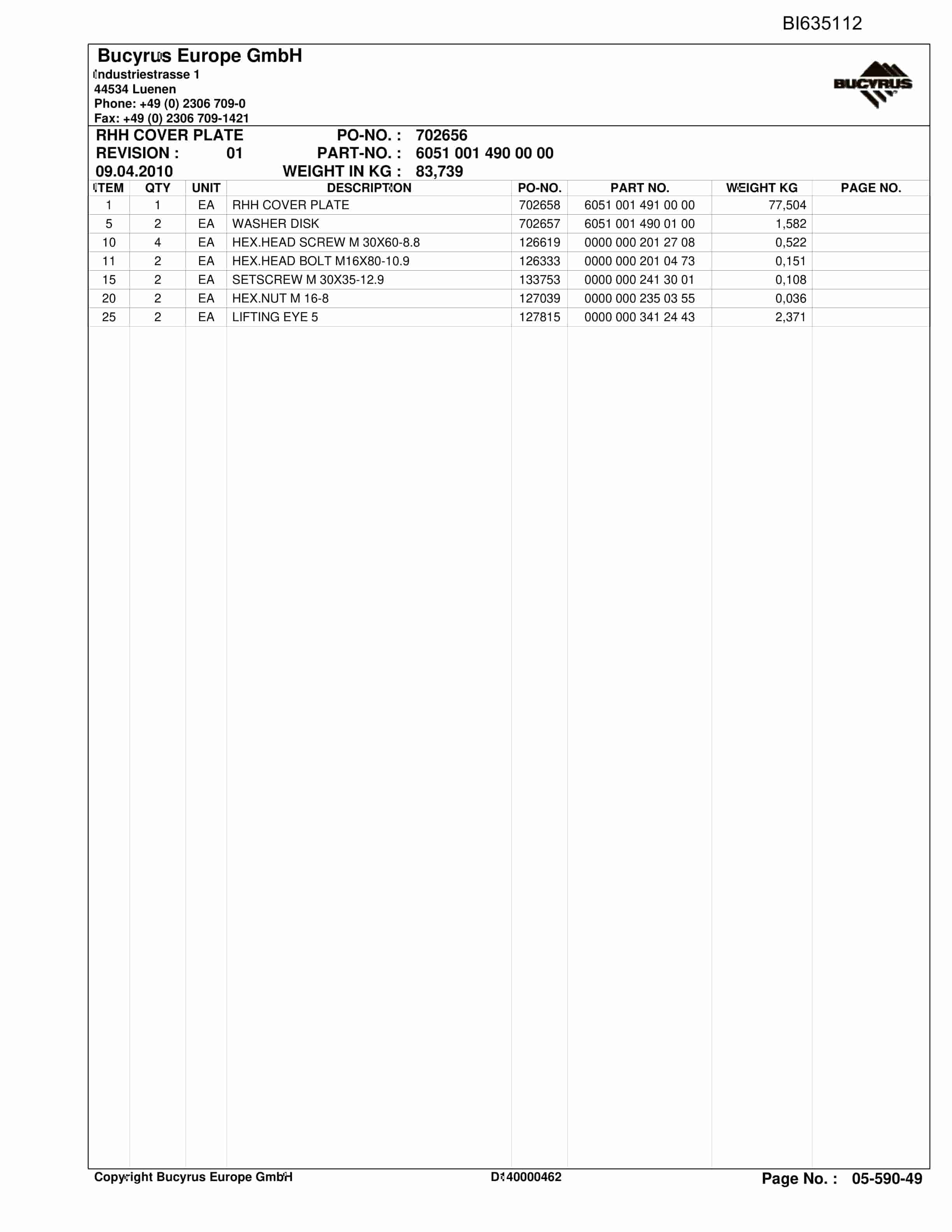 Bucyrus SHANXI LILIU RHH Plow System Parts Catalog BI635112-5