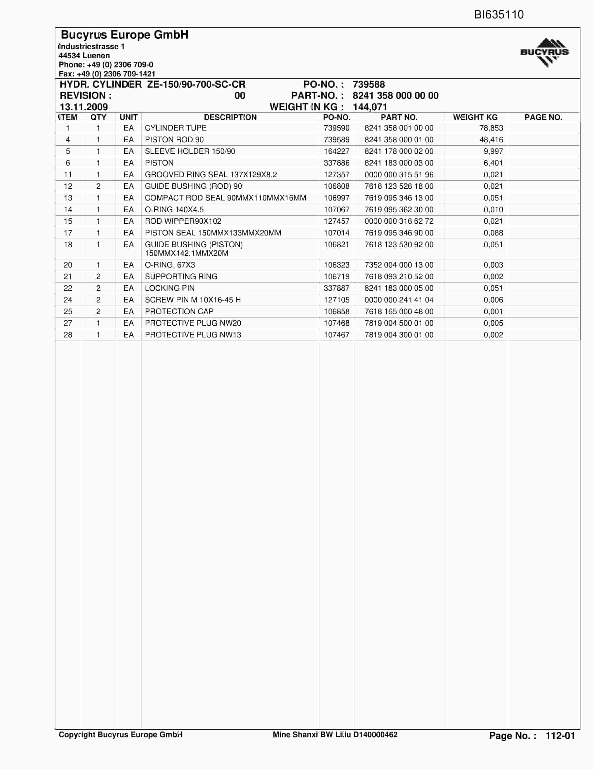 Bucyrus SHANXI Mine LILIU Roof Support And Supply Parts Catalog BI635110-3