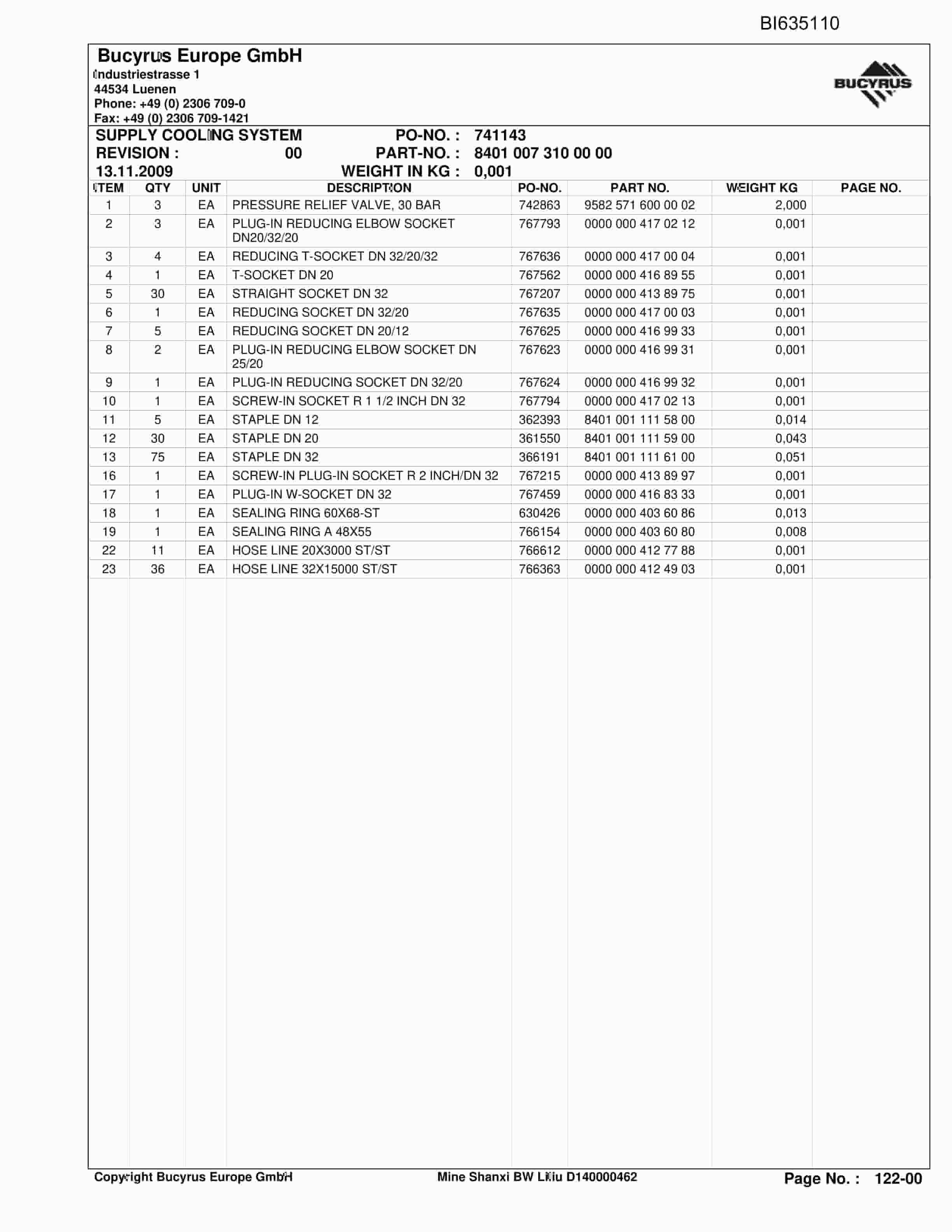 Bucyrus SHANXI Mine LILIU Roof Support And Supply Parts Catalog BI635110-4