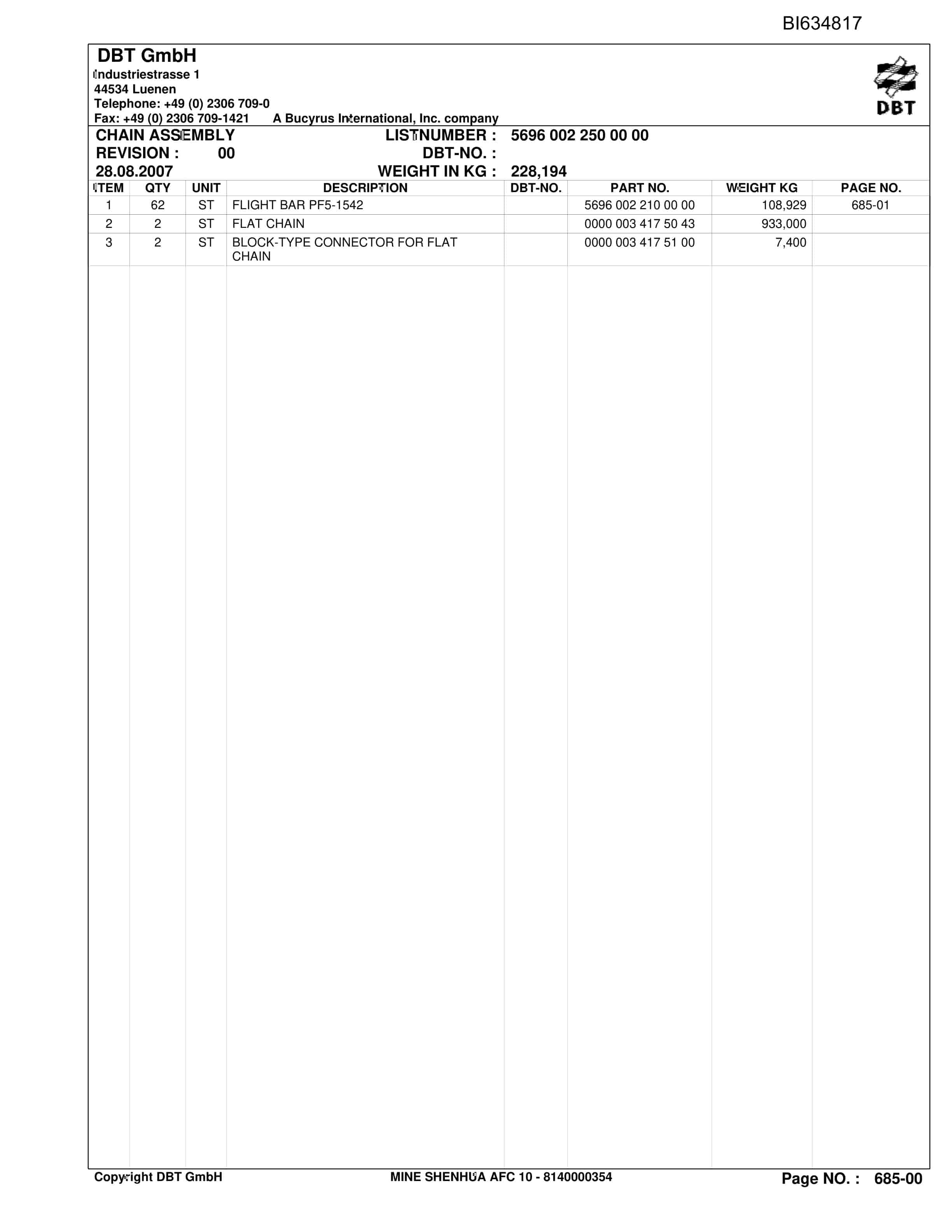 Bucyrus SHENHUA 10, BSL PF 6-1542 Parts Catalog BI634817-5