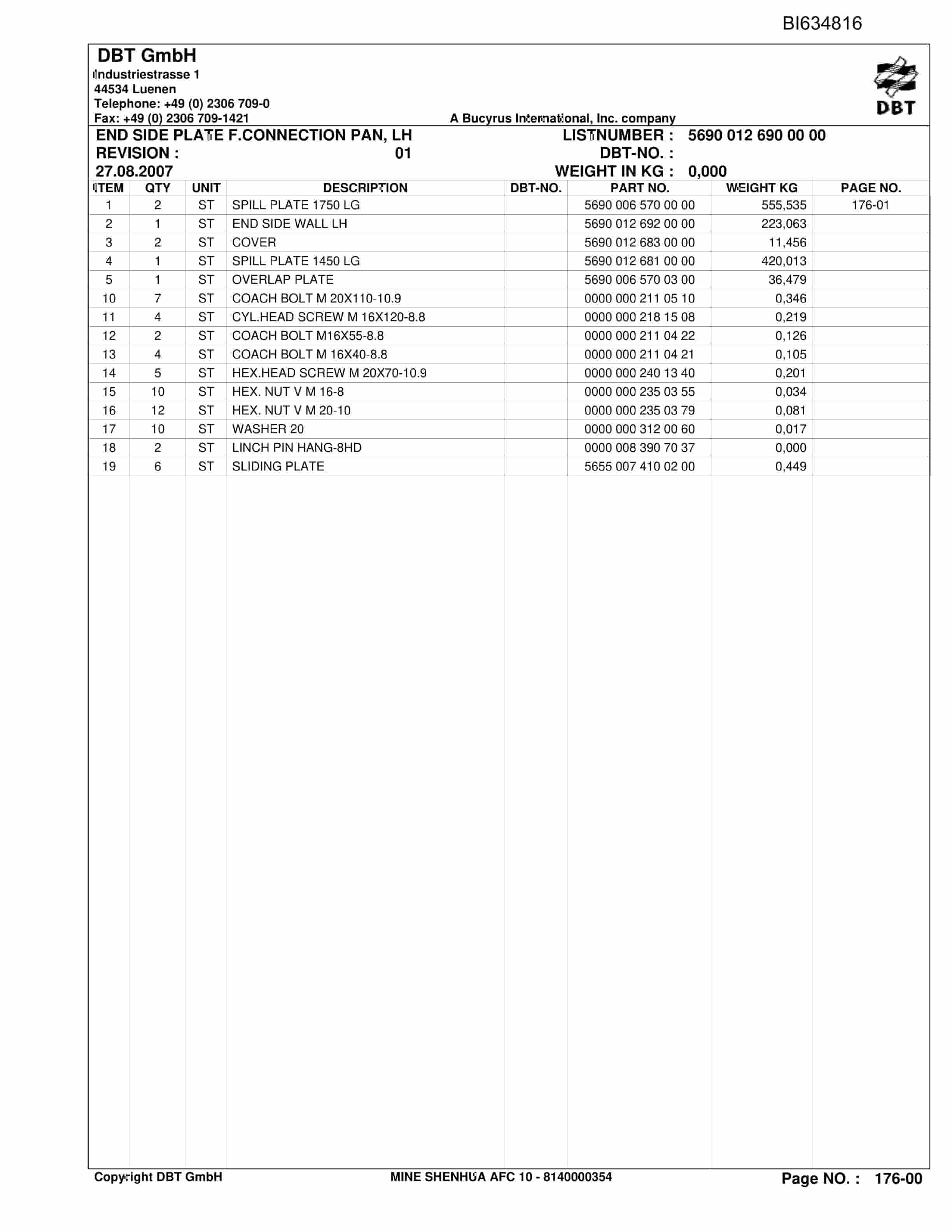 Bucyrus SHENHUA 10, SH-AFC PF 6-1142 Parts Catalog BI634816-2