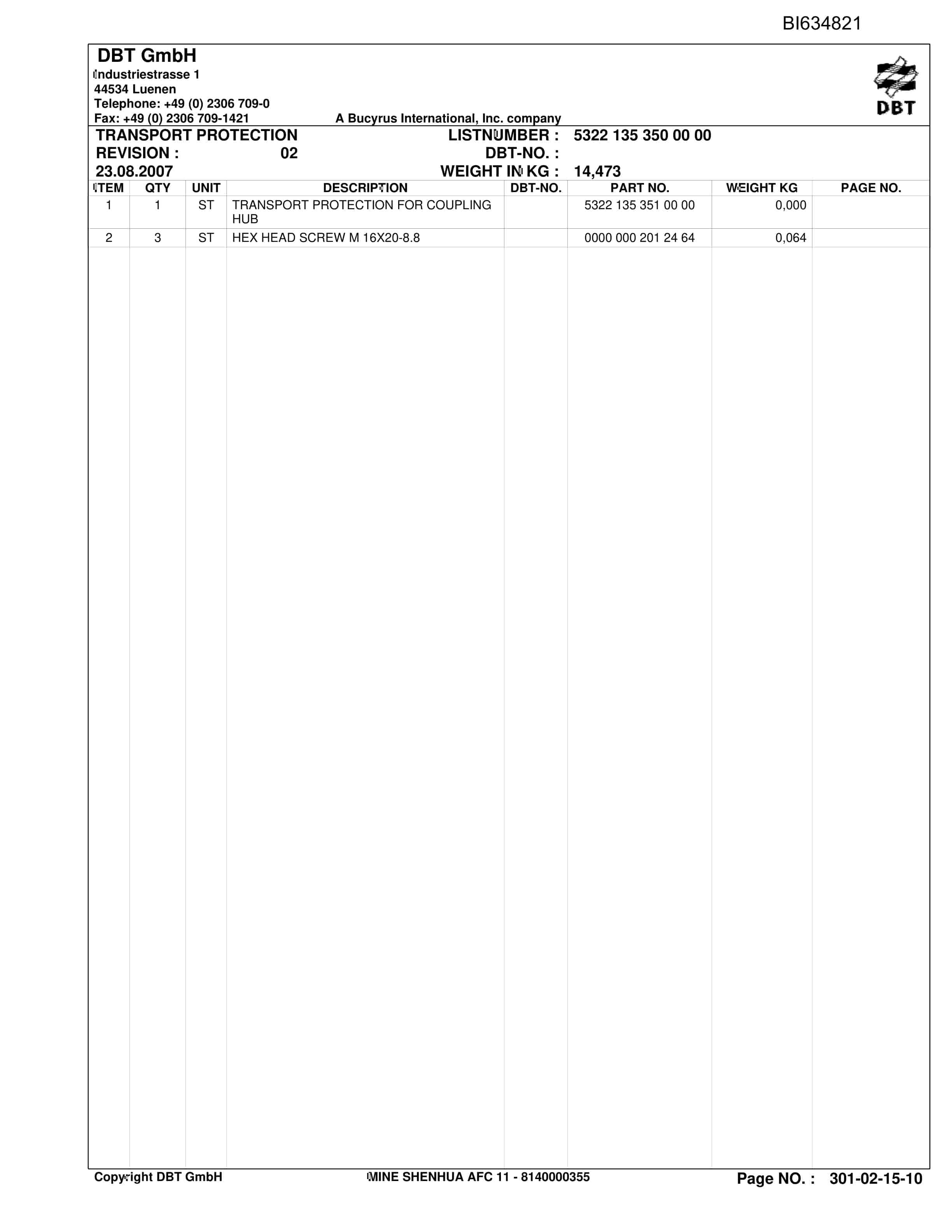 Bucyrus SHENHUA 11, SH-AFC PF 6-1142 Parts Catalog BI634821-3