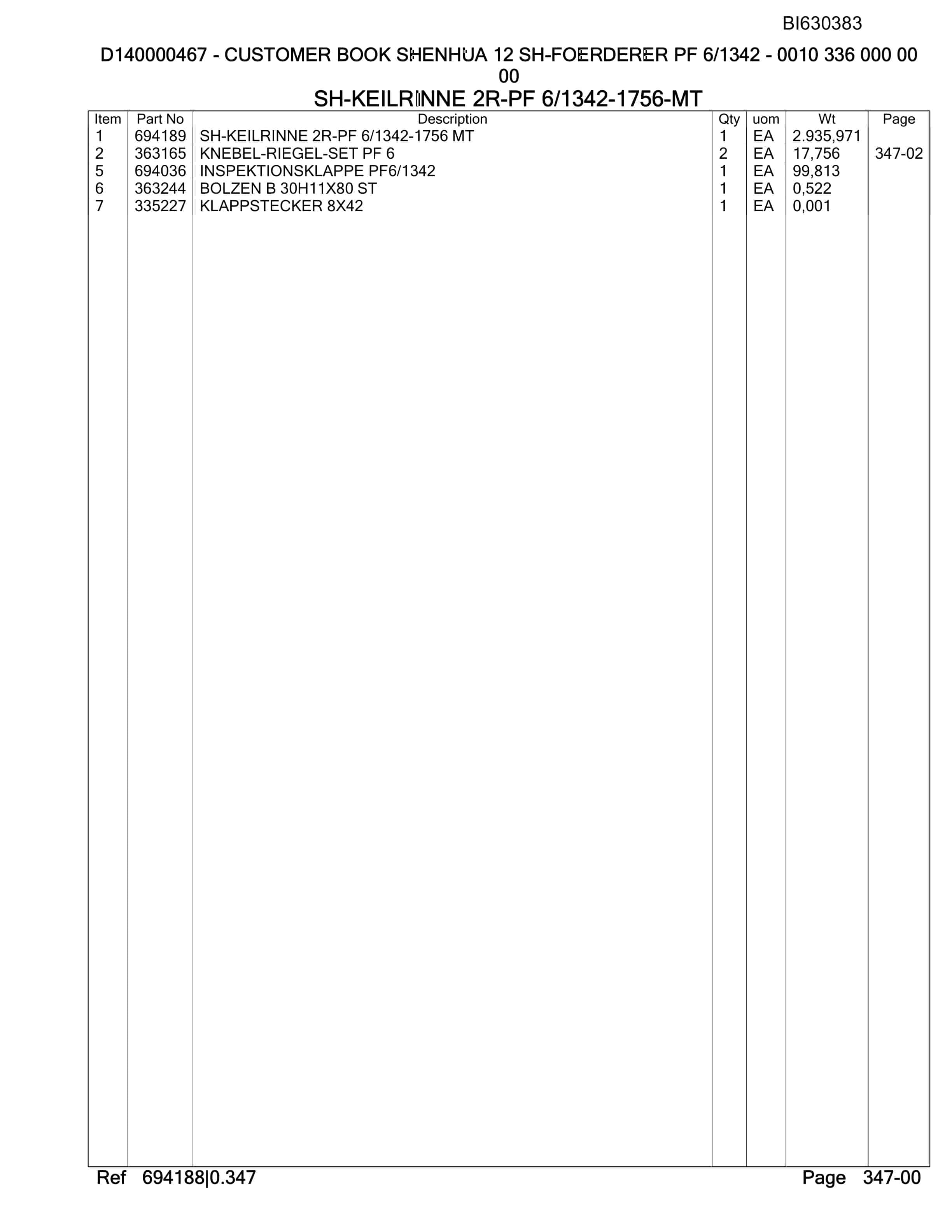 Bucyrus Shenhua 12 SH-Foerdered PF 6-1342 Parts Catalog BI630383-3