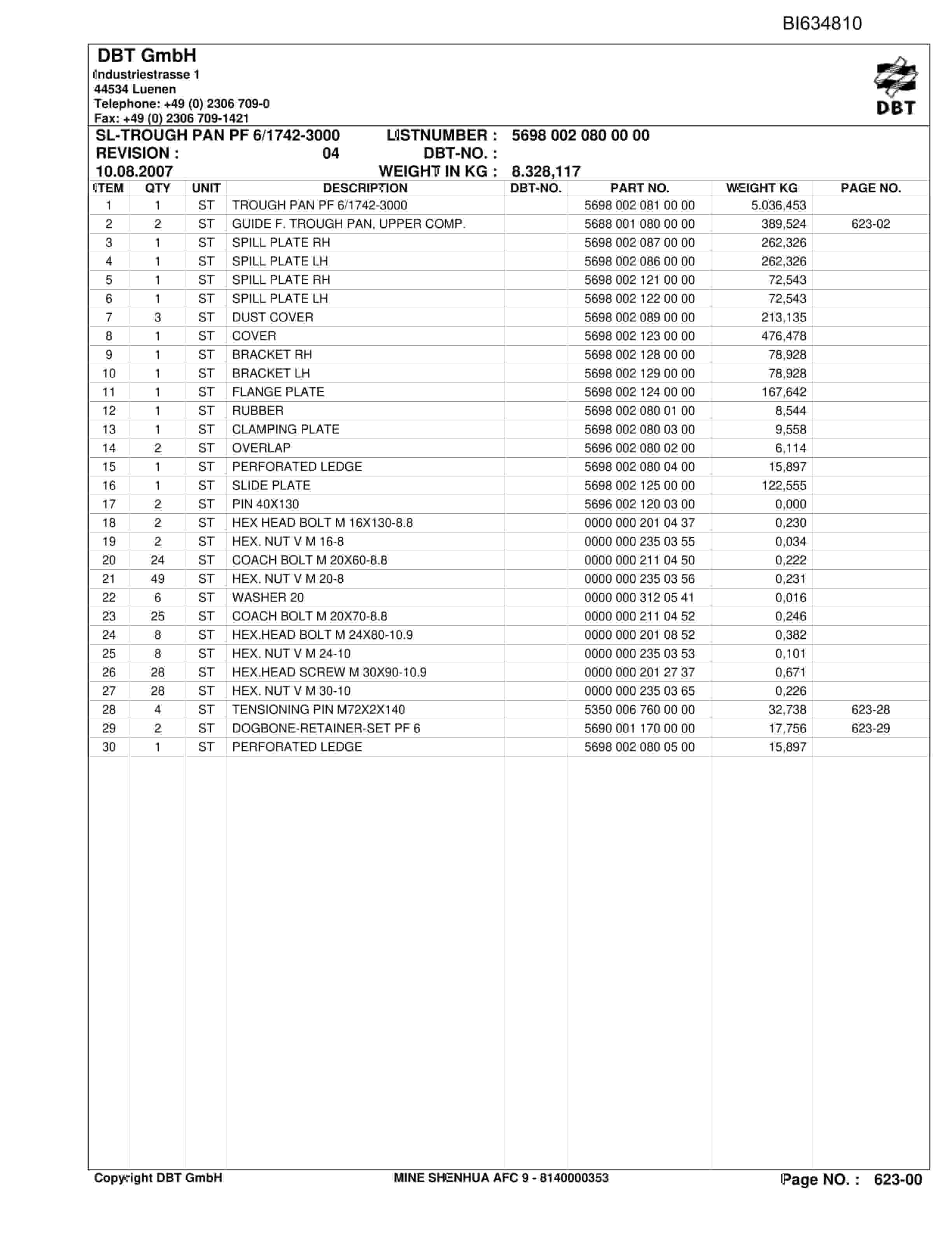 Bucyrus SHENHUA 9, BSL PF 6-1742 Parts Catalog BI634810-3
