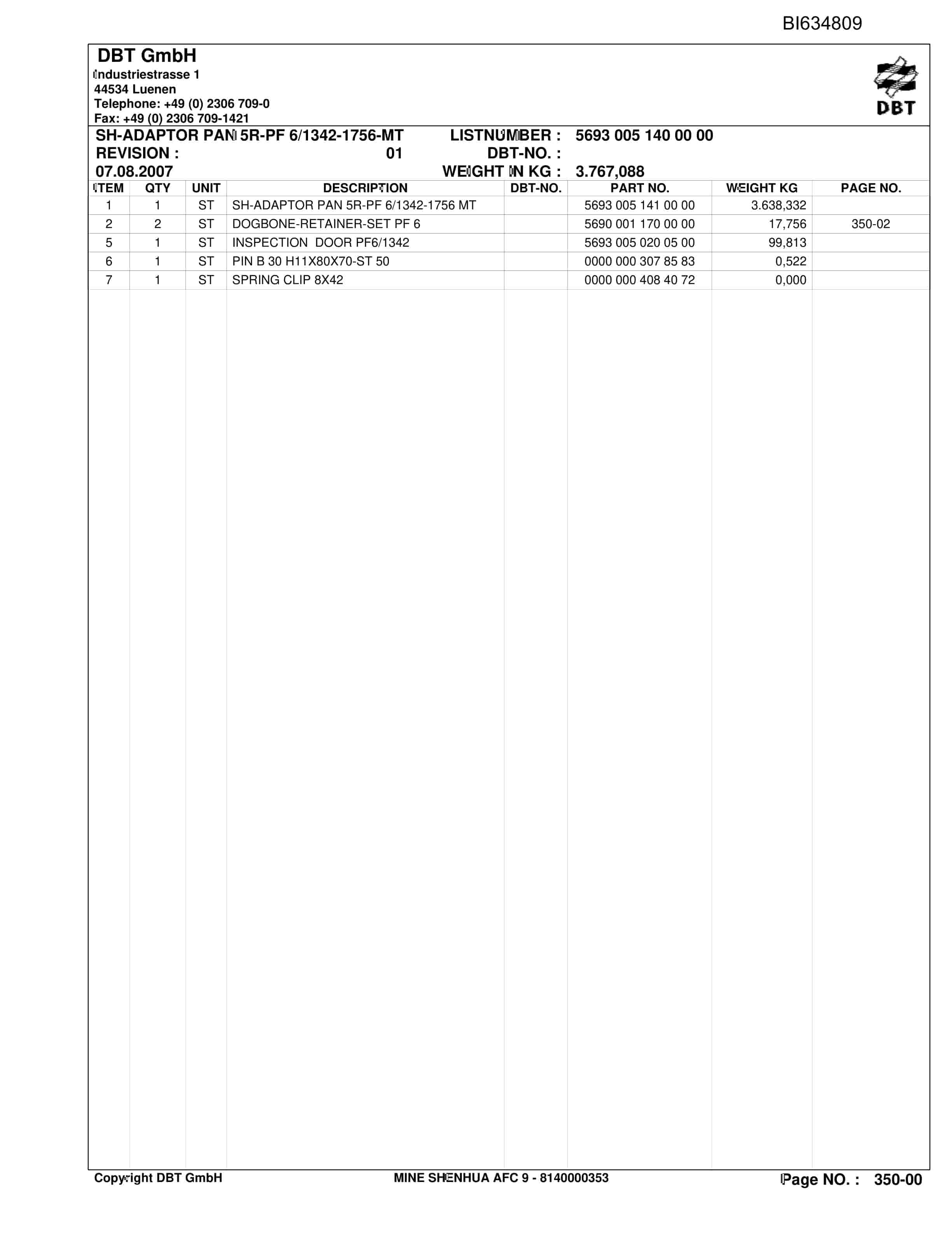 Bucyrus SHENHUA 9, SH-AFC PF6-1342 Parts Catalog BI634809-5