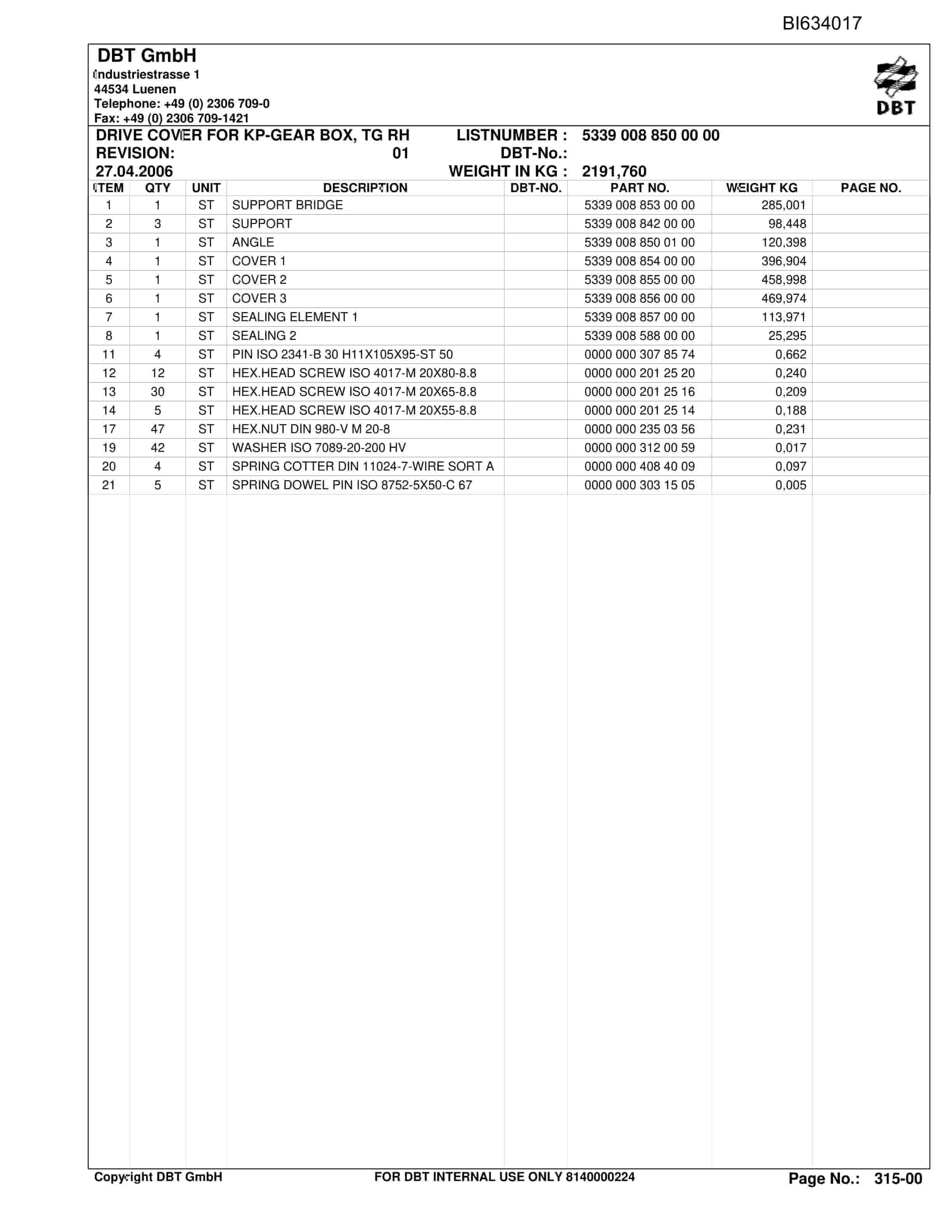 Bucyrus SHENHUA, AFC PF 6-1142 Parts Catalog BI634017-2