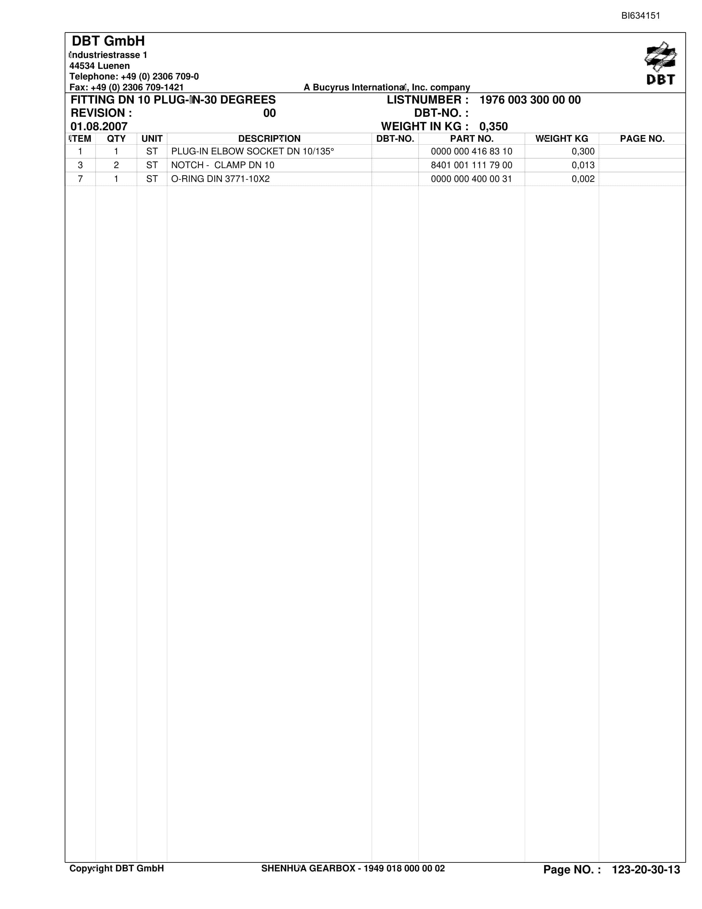 Bucyrus SHENHUA Gearbox Parts Catalog BI634151-3