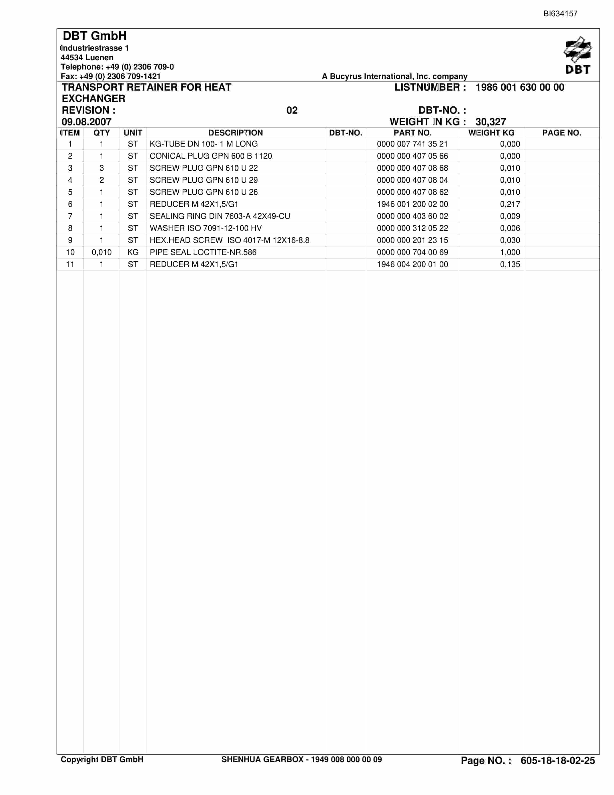 Bucyrus SHENHUA Gearbox Parts Catalog BI634157-4