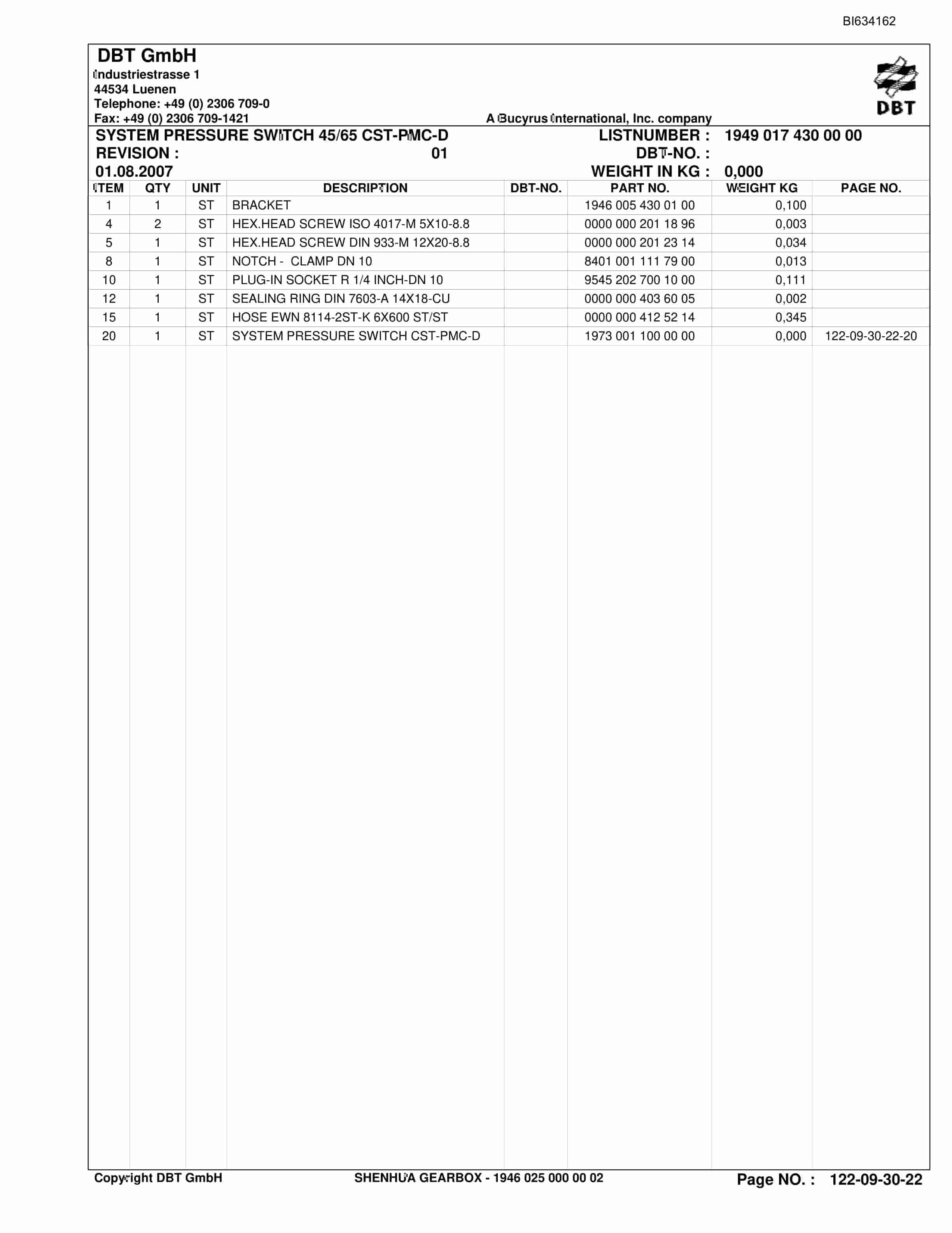 Bucyrus SHENHUA Gearbox Parts Catalog BI634162-3