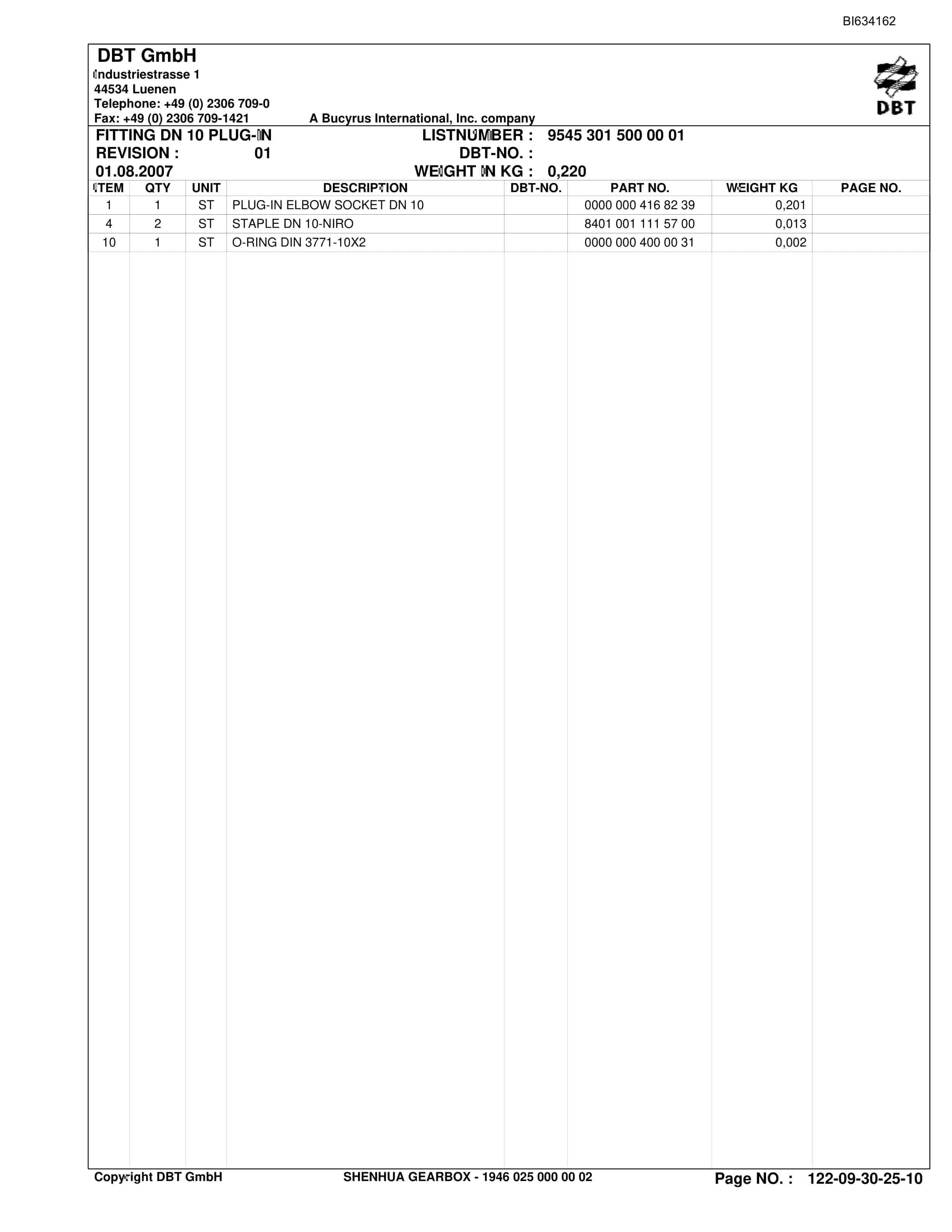 Bucyrus SHENHUA Gearbox Parts Catalog BI634162-4