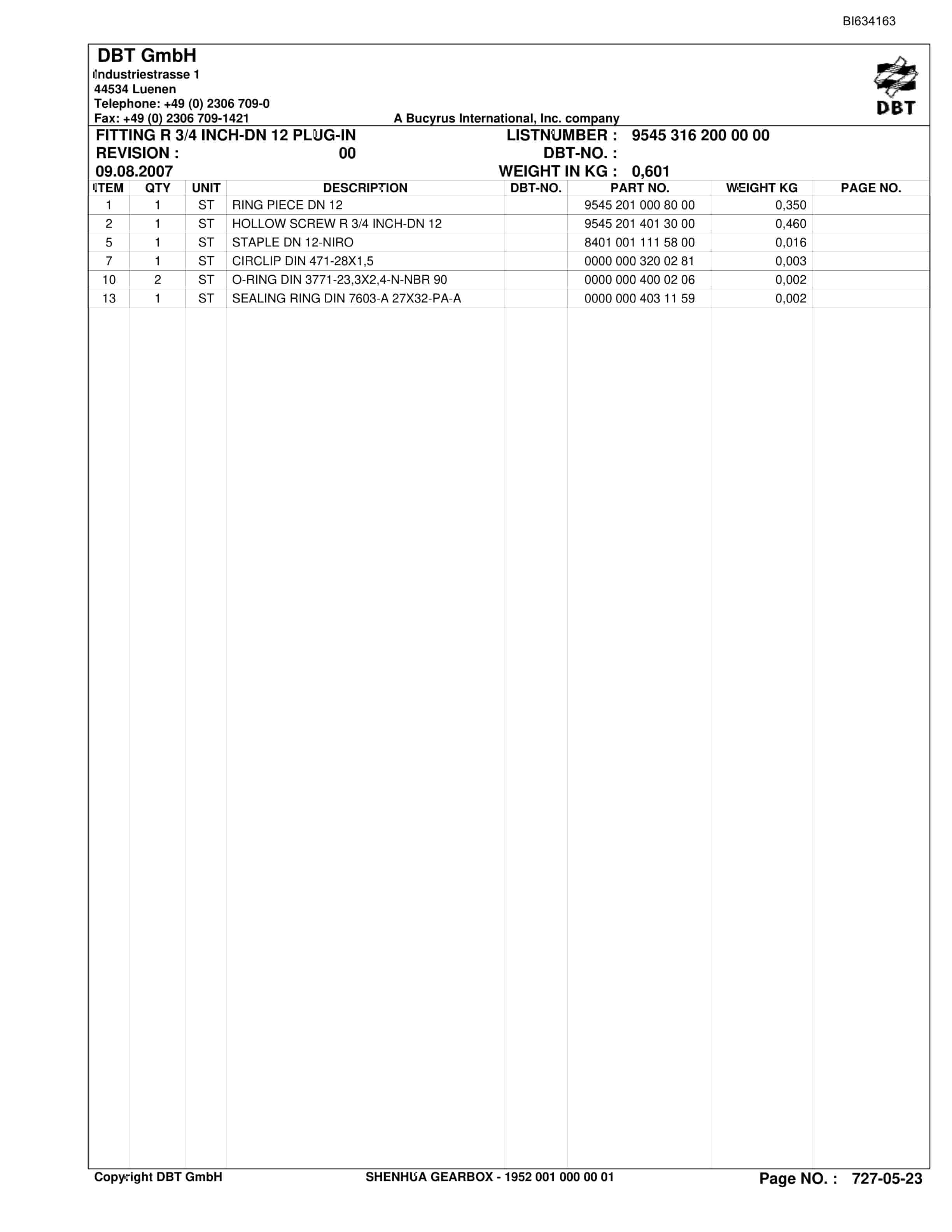 Bucyrus SHENHUA Gearbox Parts Catalog BI634163-3