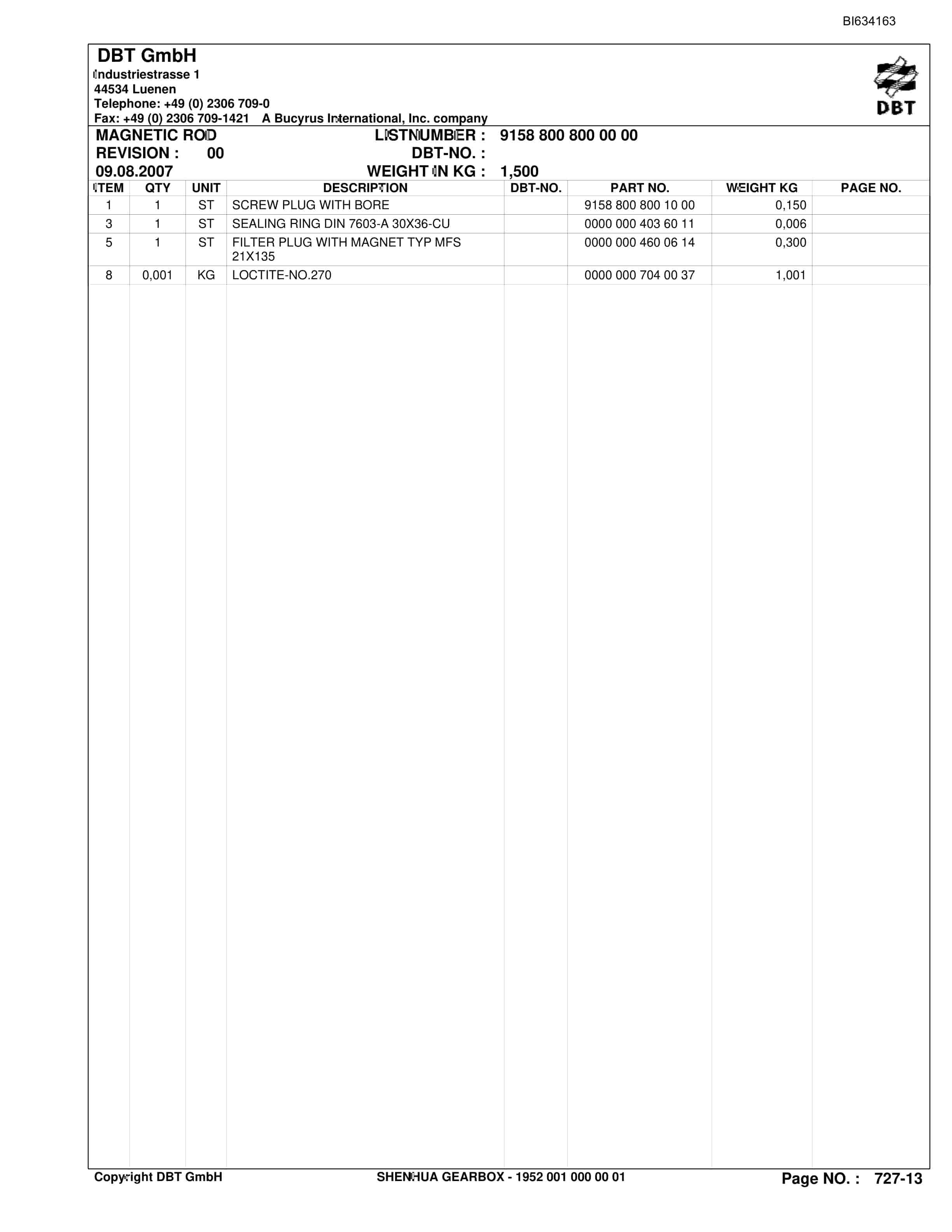 Bucyrus SHENHUA Gearbox Parts Catalog BI634163-5