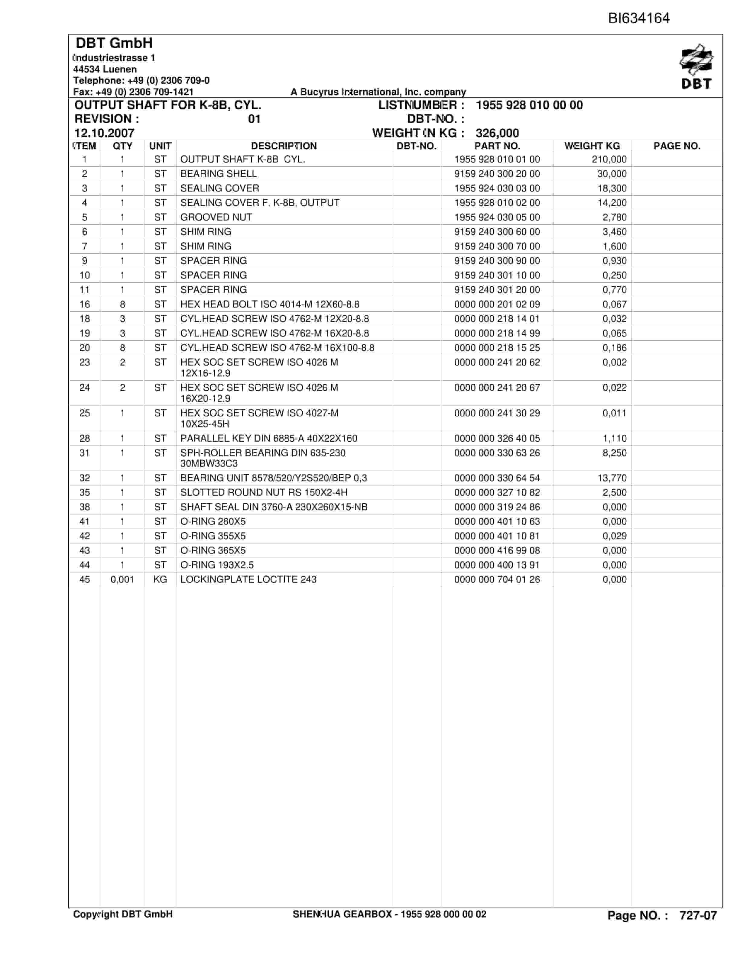 Bucyrus SHENHUA Gearbox Parts Catalog BI634164-5