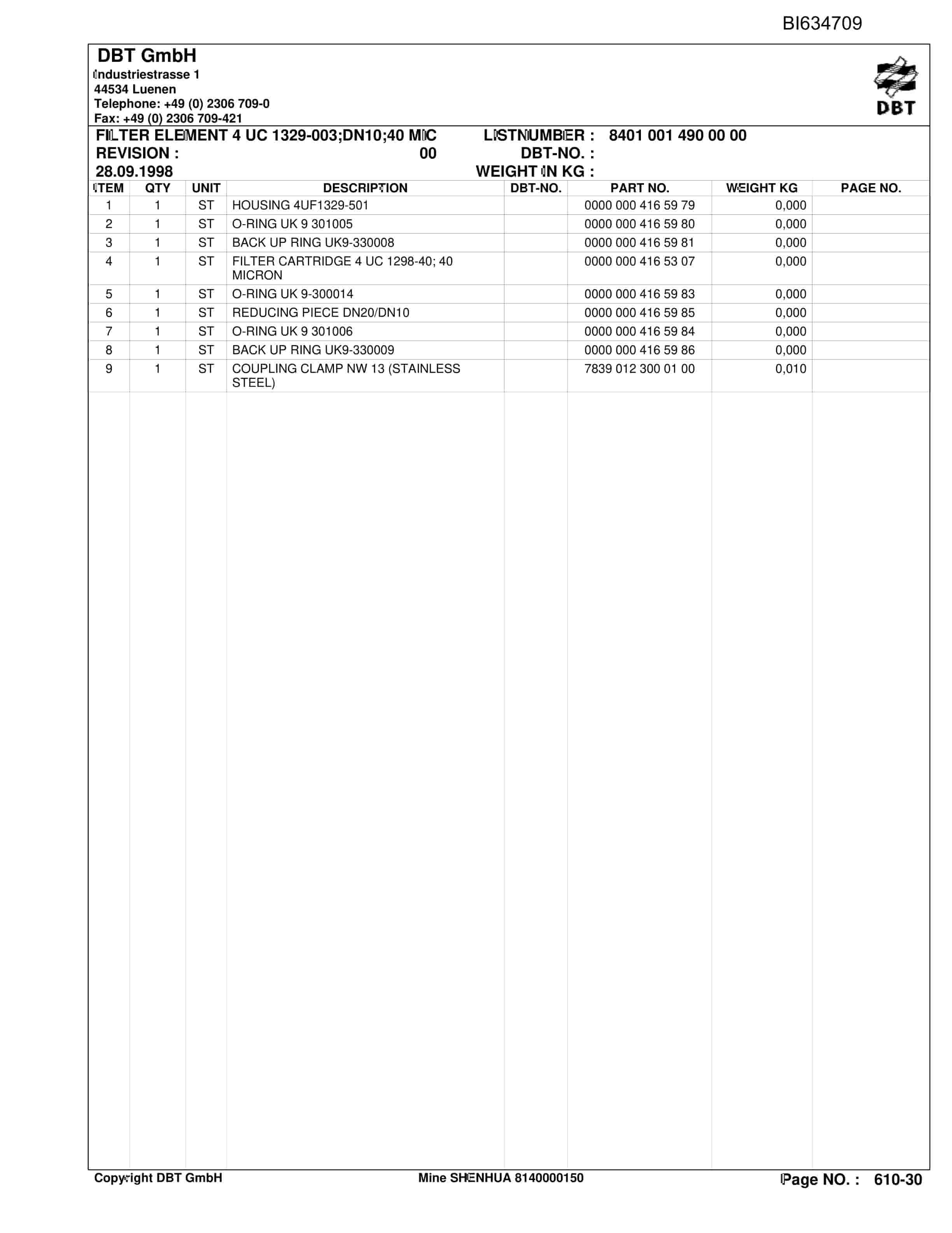 Bucyrus SHENUHA , Beam Stage Loader II Parts Catalog BI634709-3
