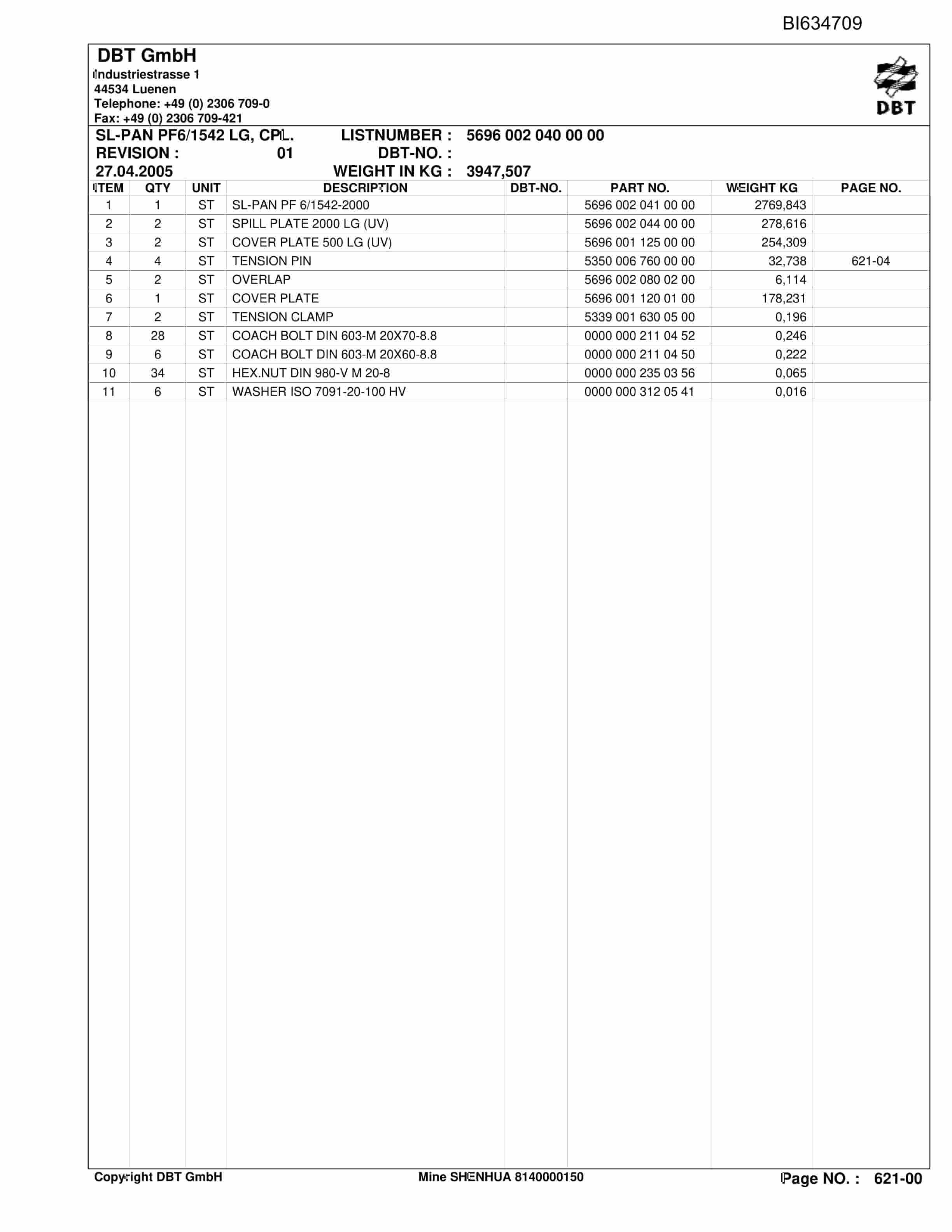 Bucyrus SHENUHA , Beam Stage Loader II Parts Catalog BI634709-4