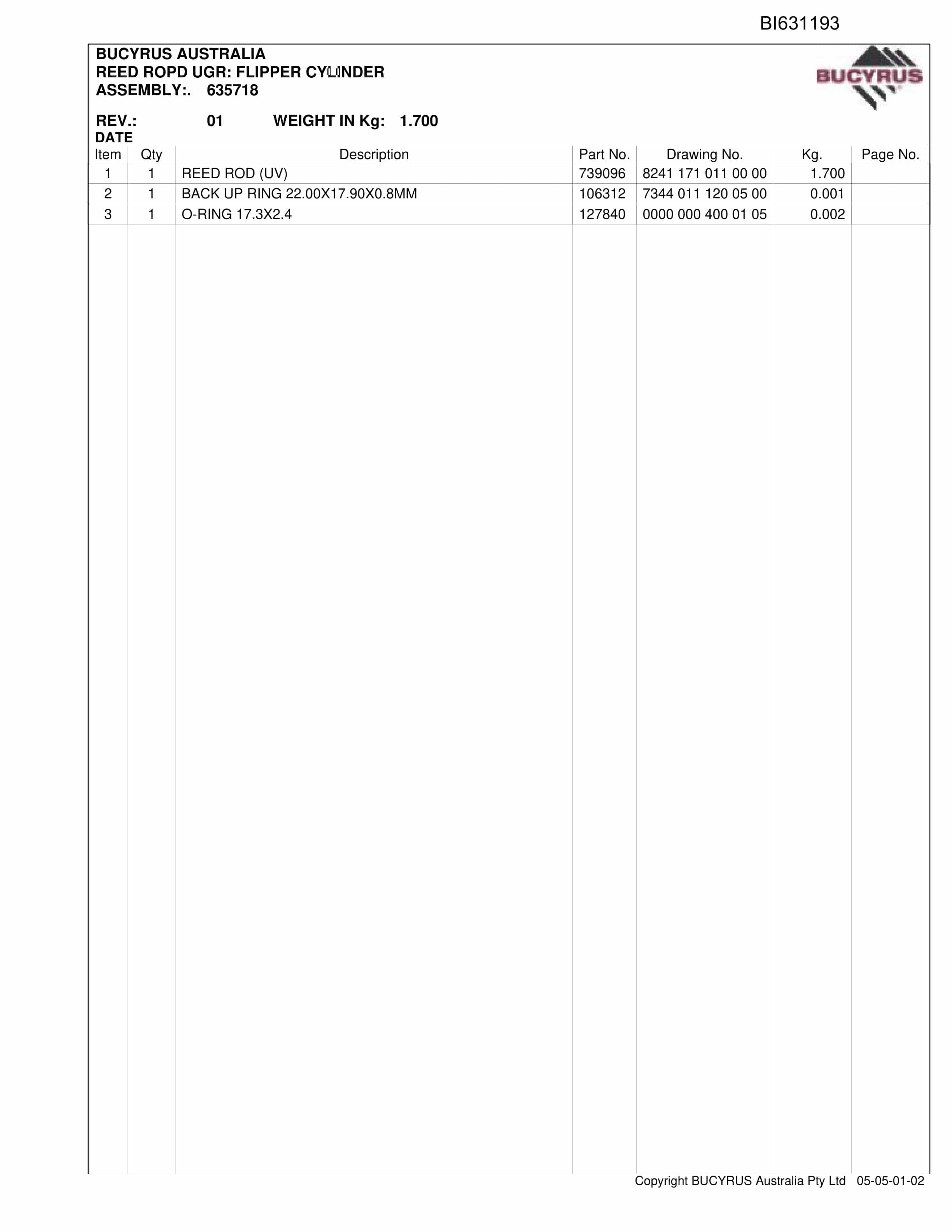 Bucyrus Shield GE Broadmeadow 2009 Parts Catalog BI631193-5