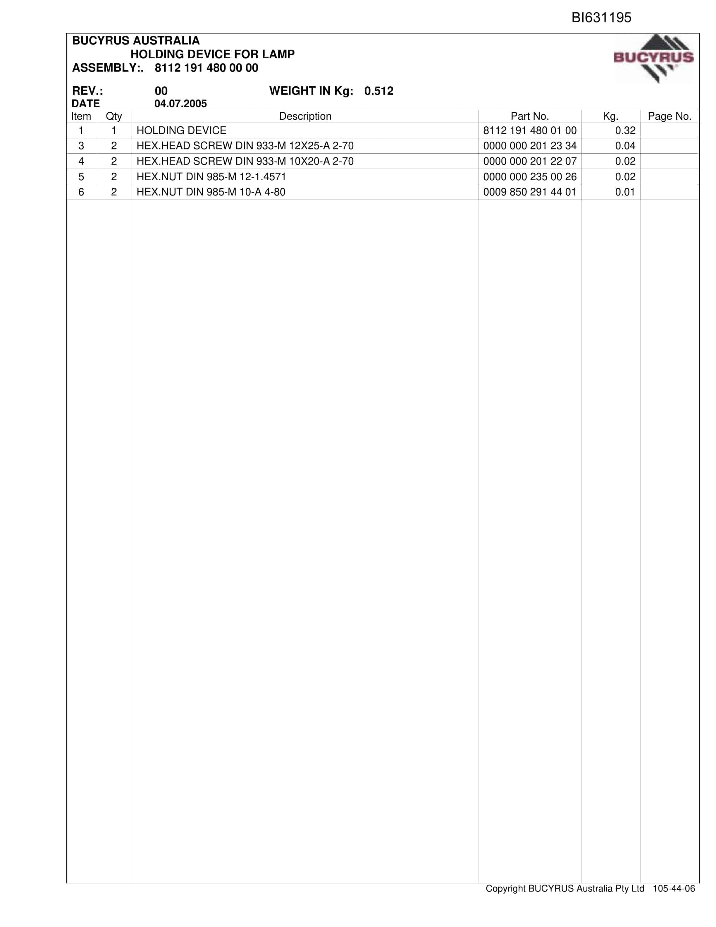 Bucyrus Shields Grasstree 2010 Parts Catalog BI631195-2