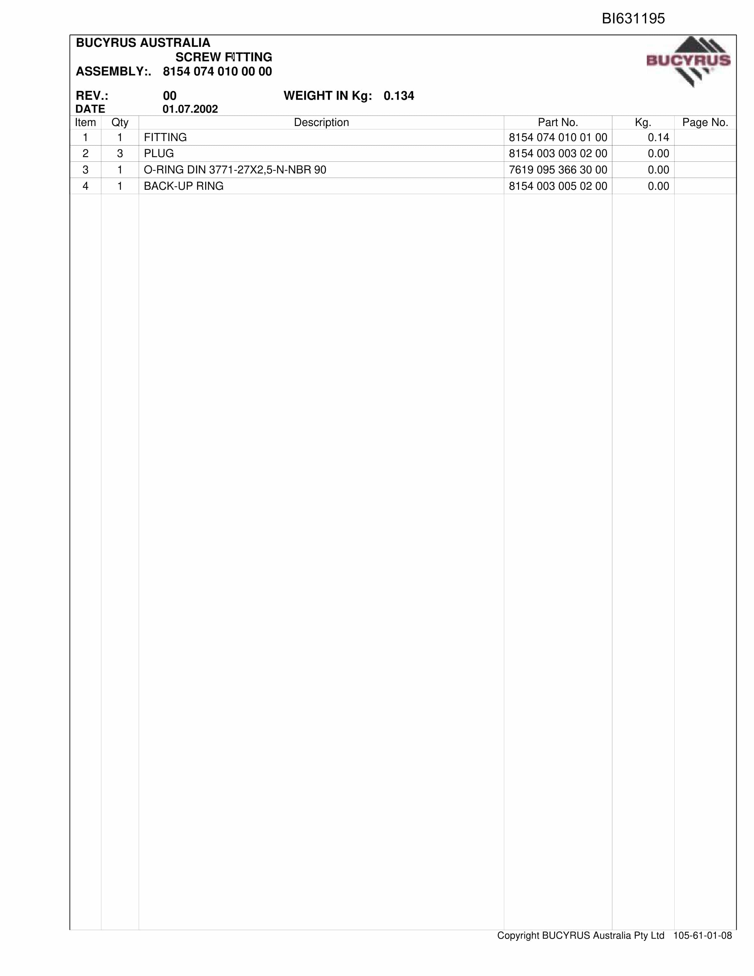 Bucyrus Shields Grasstree 2010 Parts Catalog BI631195-3