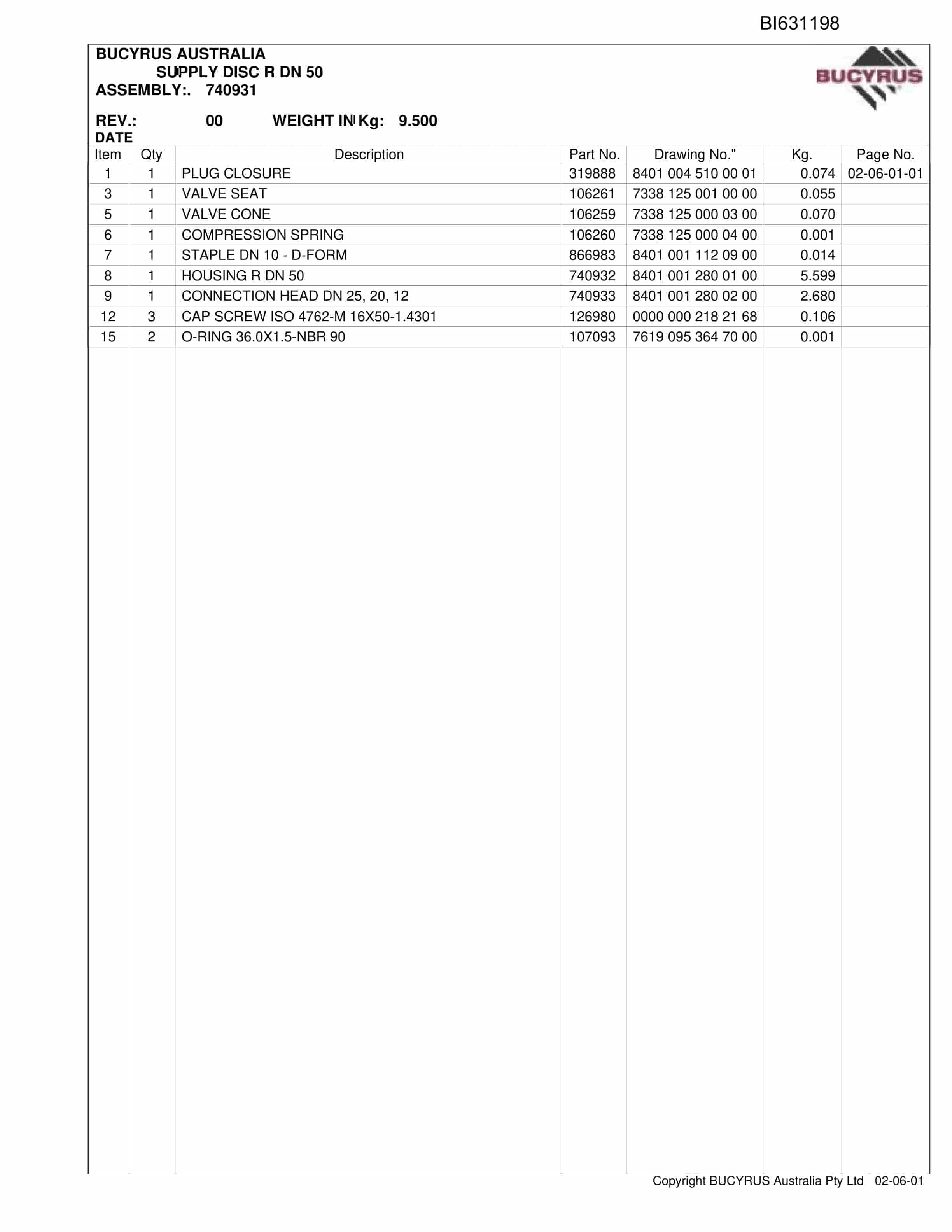 Bucyrus Shields Kestrel Parts Catalog BI631198-4