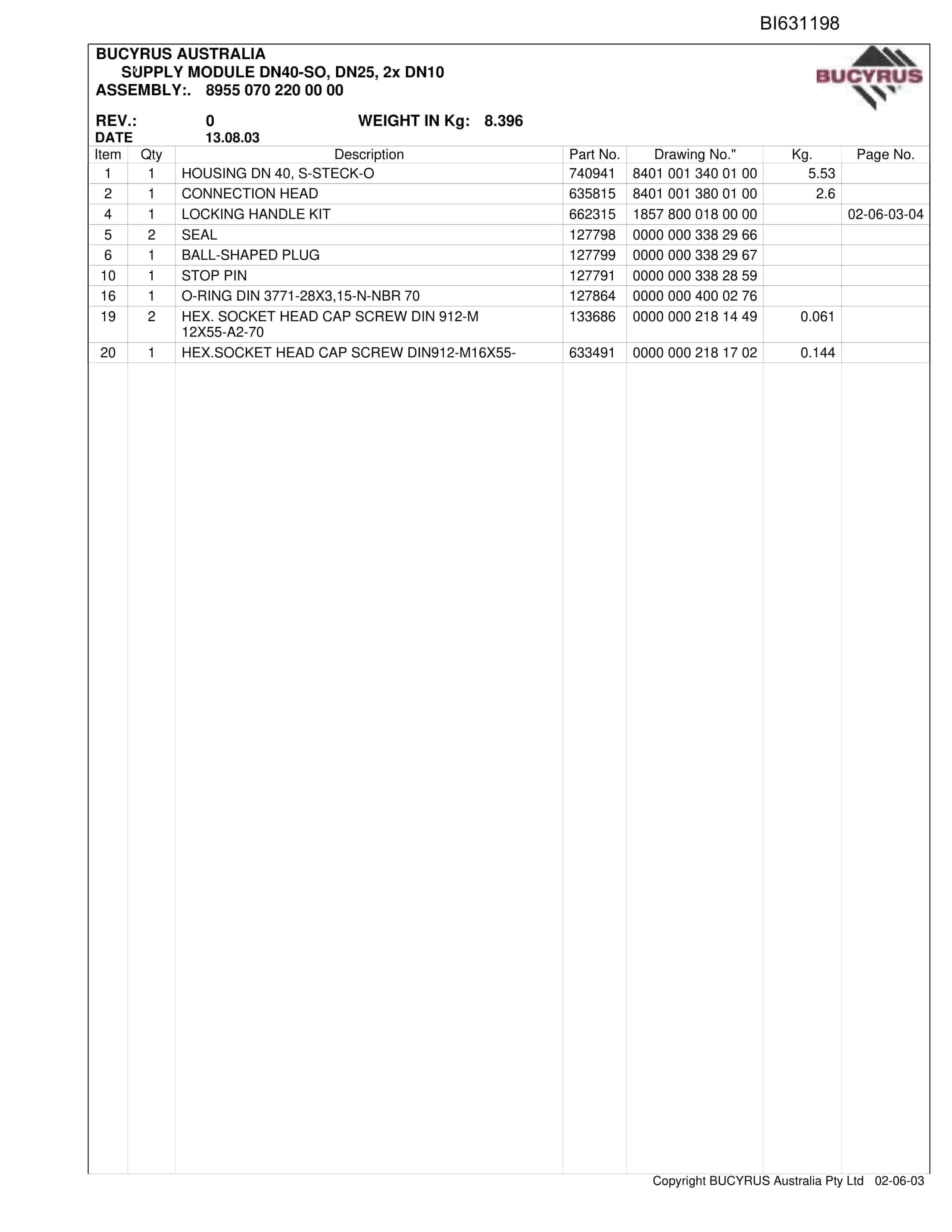 Bucyrus Shields Kestrel Parts Catalog BI631198-5